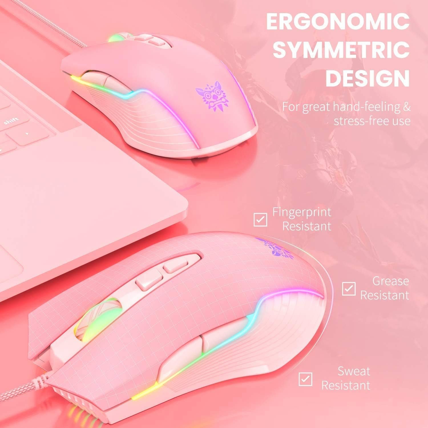 RGB Gaming Mouse Wired, USB Optical Computer Mice with RGB Backlit, 6 Adjustable DPI Up to 6400, Ergonomic Gamer Laptop PC Mouse with 7 Programmable Buttons for Windows Vista Linux (Pink) - Image 6