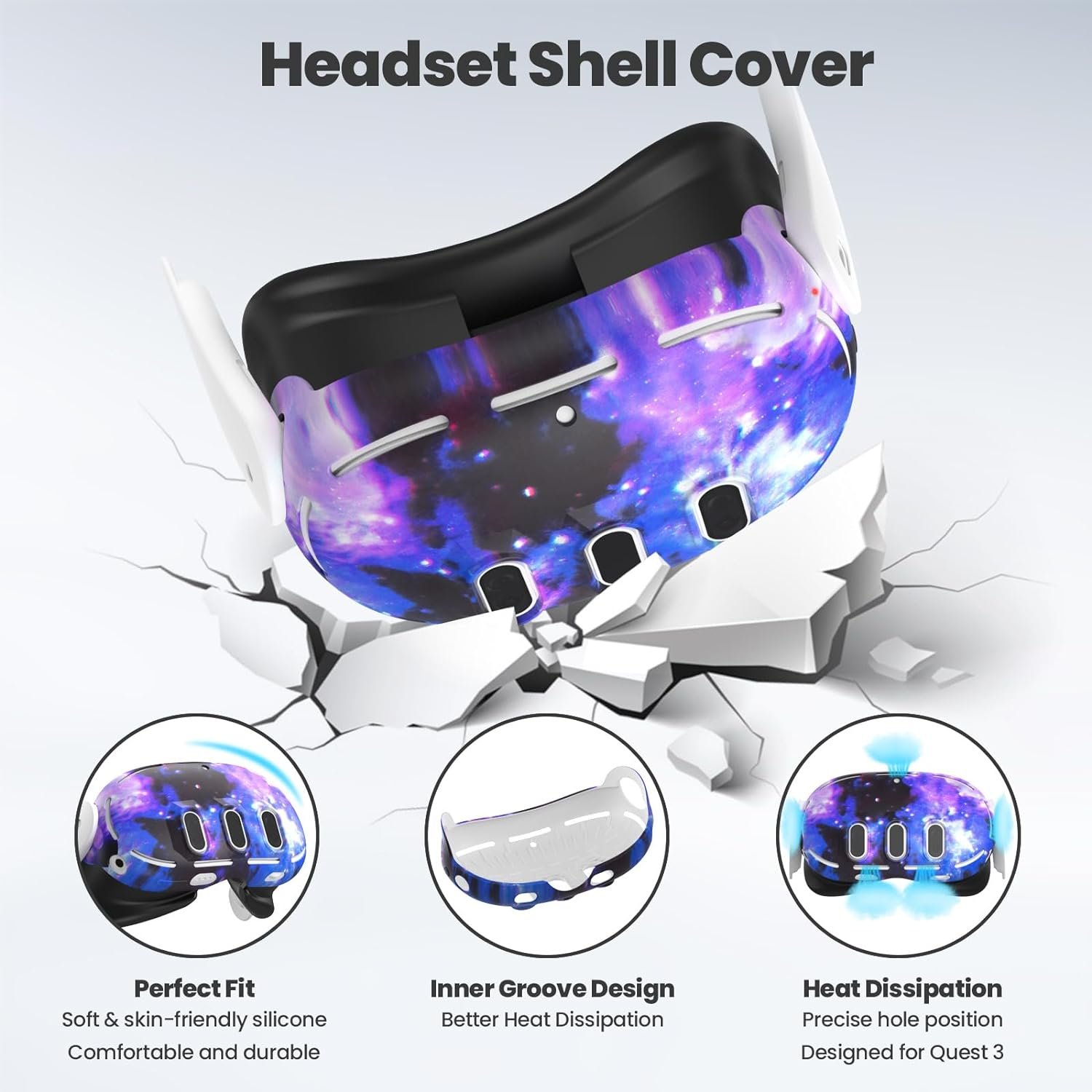 Compatible with Meta Quest 3 Accessories, VR Silicone Face Cover, VR Shell Cover,Touch Controller Grip Cover,Camera Lens Protector Set Compatible with Oculus Quest 3 (Starry Purple) - Image 3