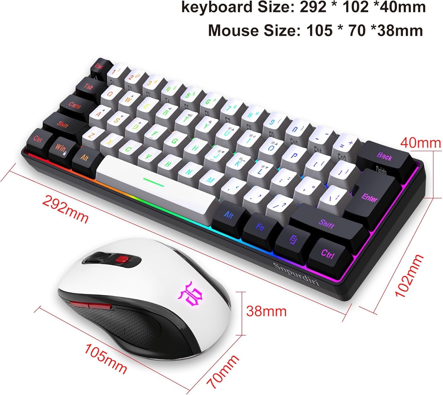 Snpurdiri 2.4G Wireless Gaming Keyboard and Mouse Combo, Include Mini 60% Merchanical Feel RGB Backlit Keyboard, Ergonomic Vertical Feel Small Wireless Mouse(Black and White) - Image 7