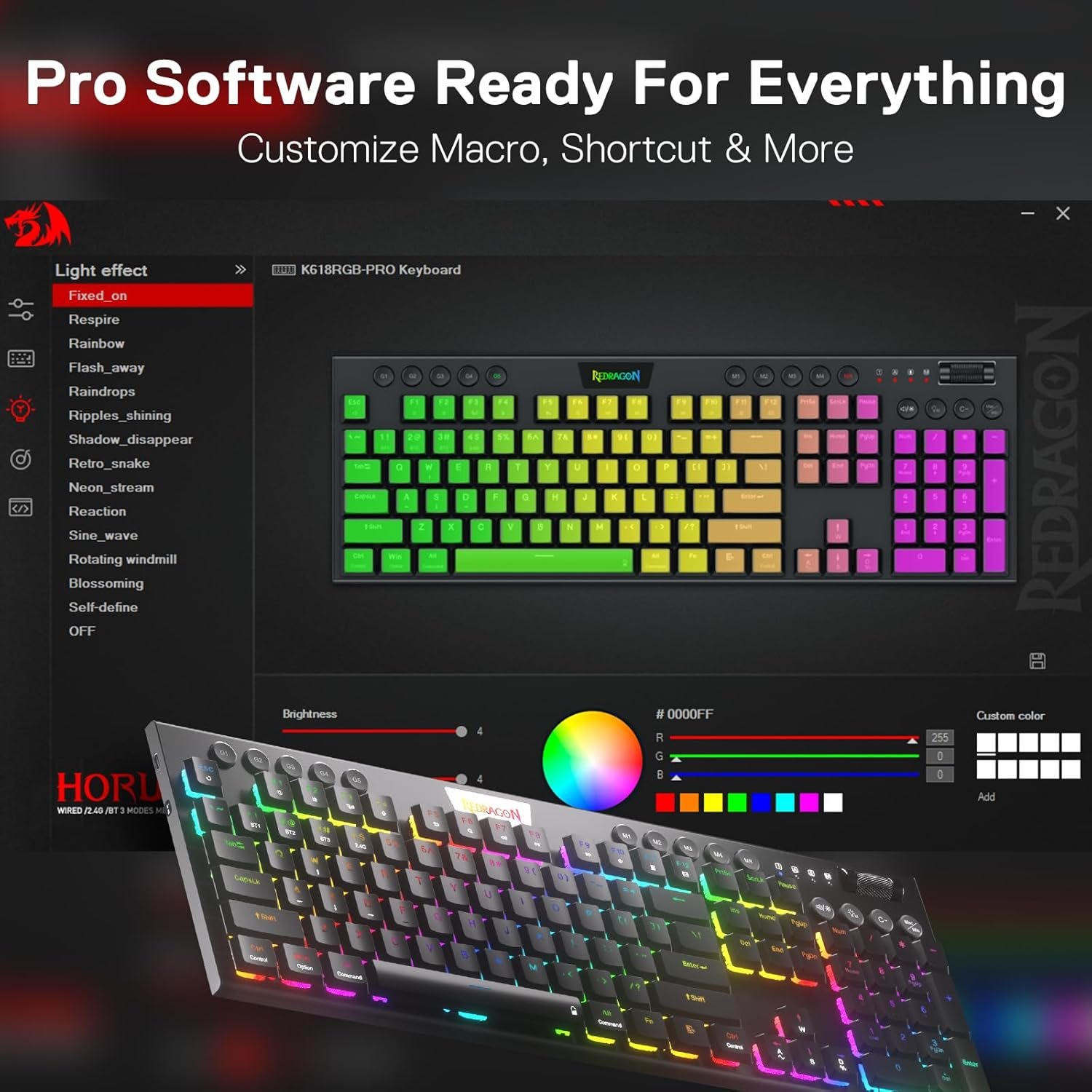 Redragon K618 PRO 3-Mode Wireless RGB Mechanical Keyboard, BT/2.4Ghz/Wired Low Profile Win/Mac Gaming Keyboard w/Ultra-Thin Design, Dedicated Media Control & Linear Red Switch - Image 8