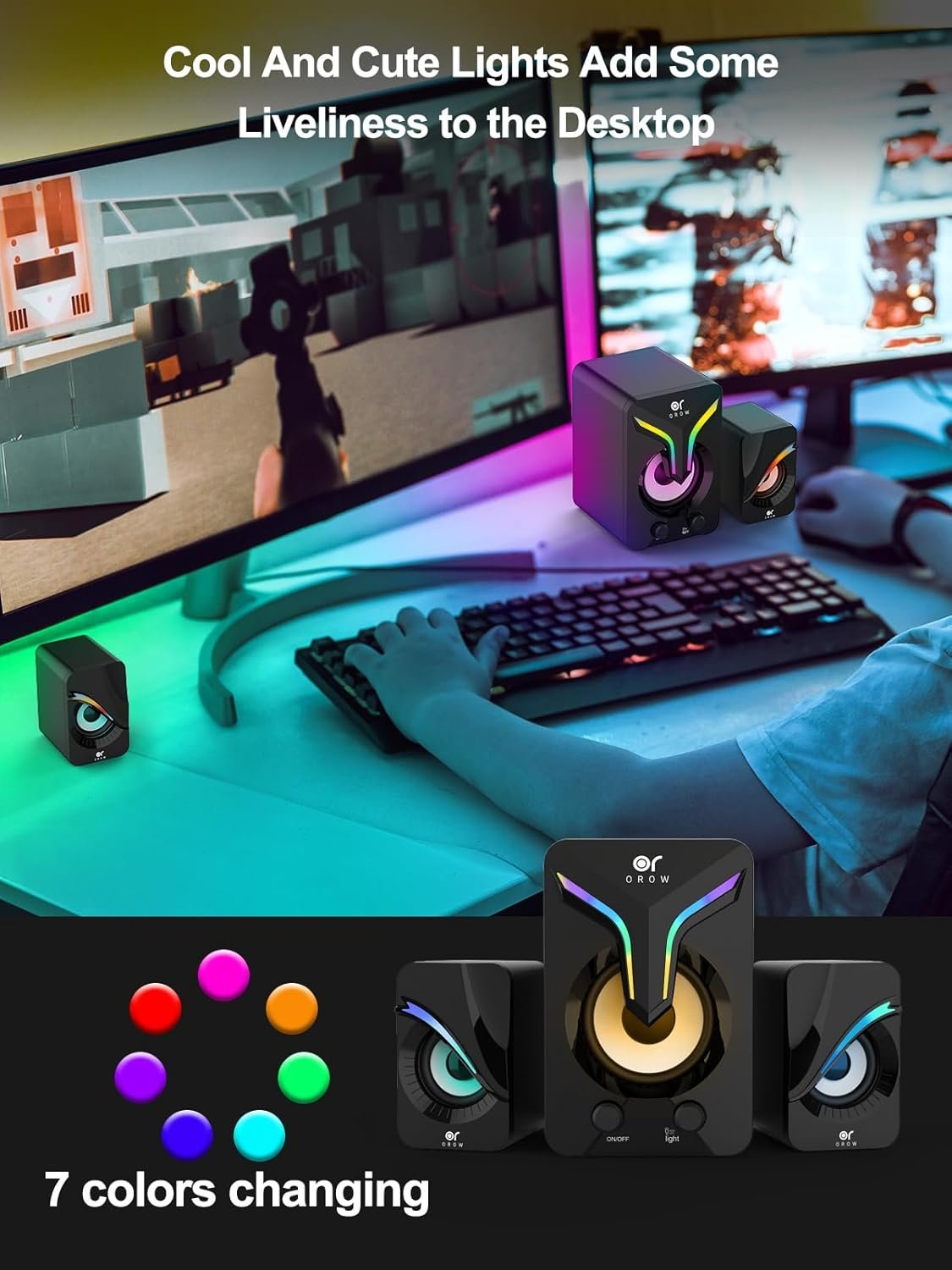 OROW Computer Speakers,Mini PC Speakers with Subwoofer,2.1 Desktop Speaker with RGB Lights,USB Powered, Stereo Sound,Gaming Speakerwith 3.5mm Aux Cable for Monitor/Laptop/Tablet(S212) - Image 5