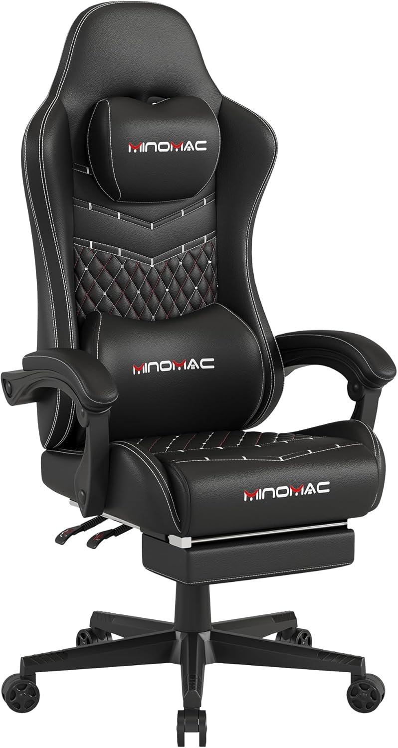 Gaming Chair,Computer Chair with Footrest,Ergonomic backrest and Lumbar Support,Breathable Leather,400LBS Support,Height Adjustable Game Chair with 360°-Swivel (Black) - Image 2