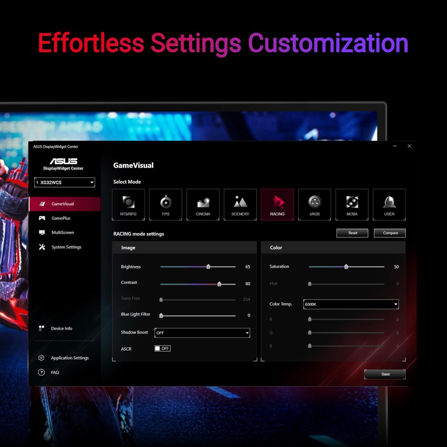 ASUS ROG Strix 32” 1440P USB-C Curved HDR Gaming Monitor (XG32WCS) - QHD, 180Hz, 1ms, Fast VA, Extreme Low Motion Blur Sync, FreeSync, DisplayWidget, Tripod Socket, AI Technology, 3 yr Warranty - Image 8