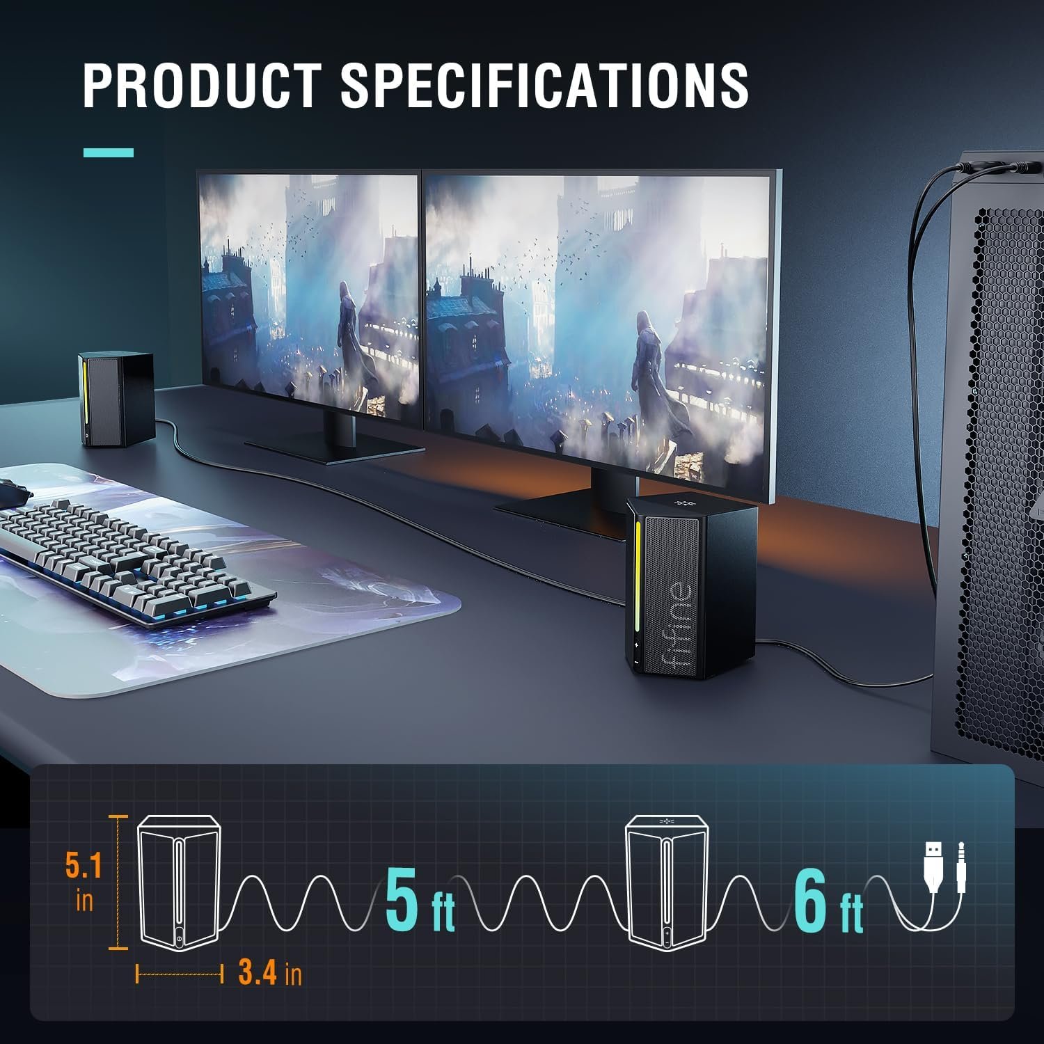 FIFINE Computer Speakers, Desktop PC Speakers with Volume Control, RGB Gaming Loudspeakers Wired with 3.5mm Aux Audio Cable for Laptop Monitor Phone Tablet-AmpliGame A20 - Image 8