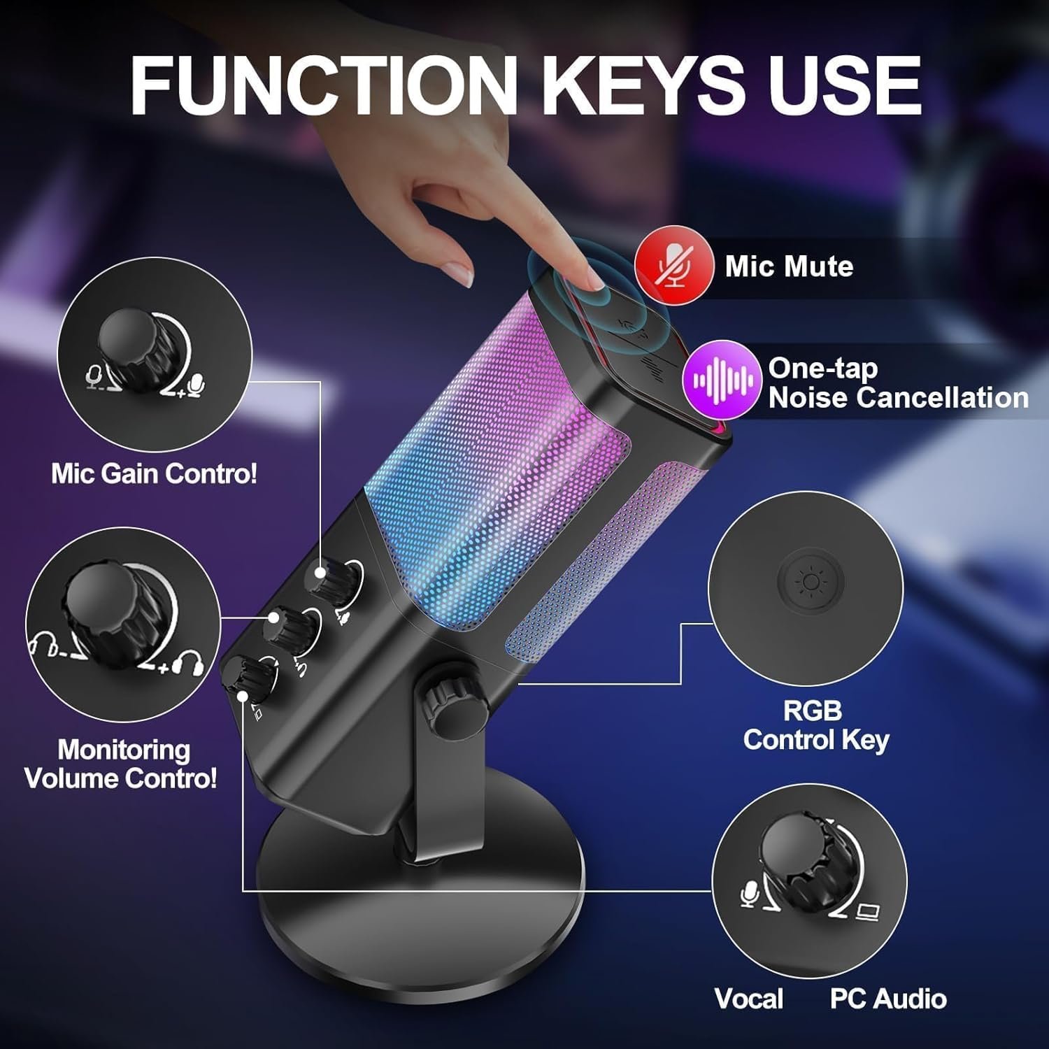 Gaming Mic, with Game Voice Balance& One Touch Noise Cancellation, USB Condenser Microphone for PC/PS4/PS5/Mac, with Mute&Monitoring, RGB Microphone for Podcast, Streaming, Recording, Discord - Image 7