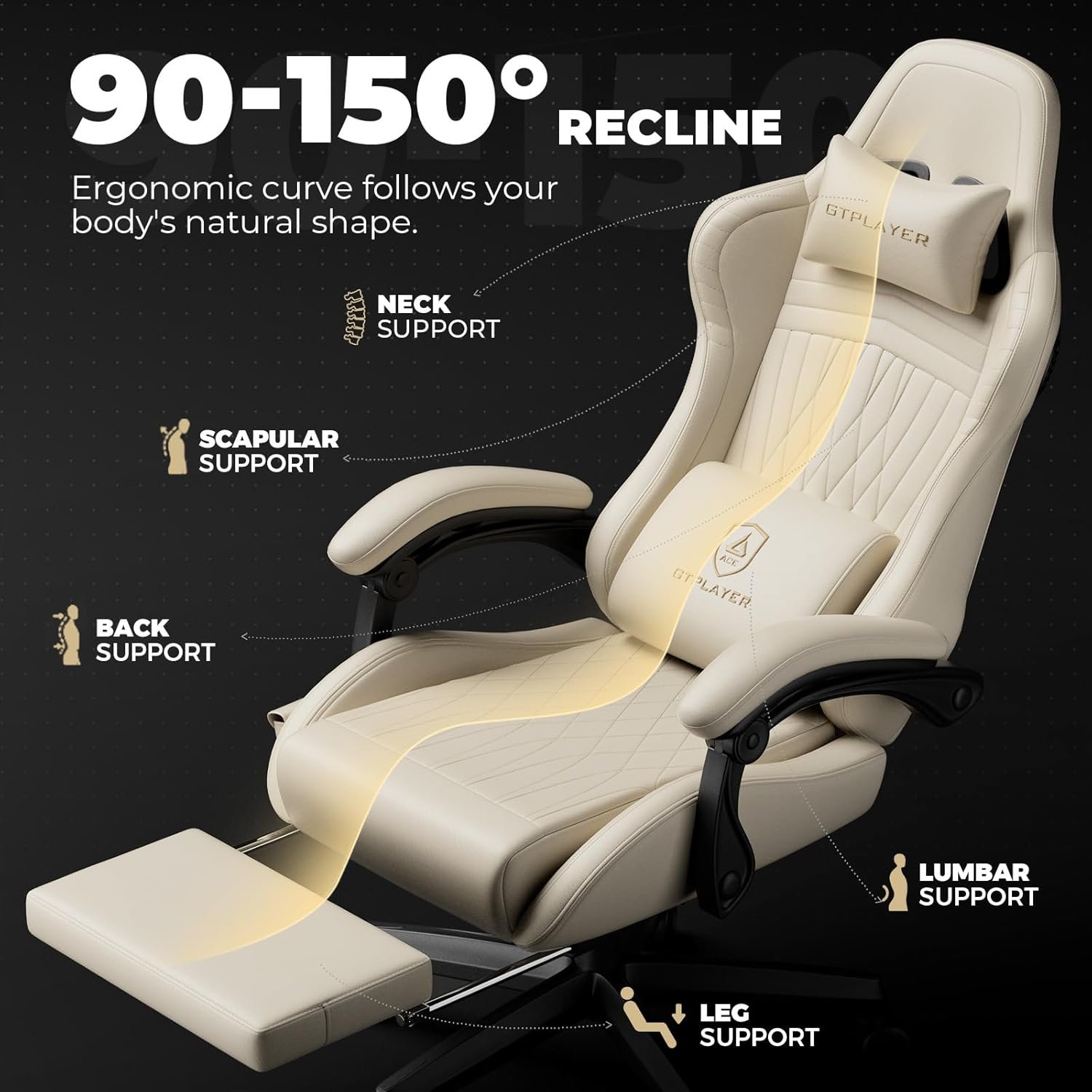 GTPLAYER Gaming Chair, Computer Chair with Footrest and Bluetooth Speakers, High Back Ergonomic Gaming Chairs, Reclining Gaming Chair with Linkage Armrests for Adults by GTRacing (Leather, Ivory) - Image 7