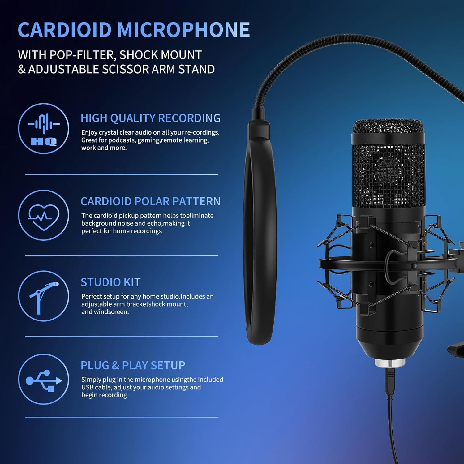 USB Condenser Microphone,Computer PC Microphone Kit with Adjustable Boom Arm Stand Shock Mount for YouTube Vocal Gaming Streaming - Image 7