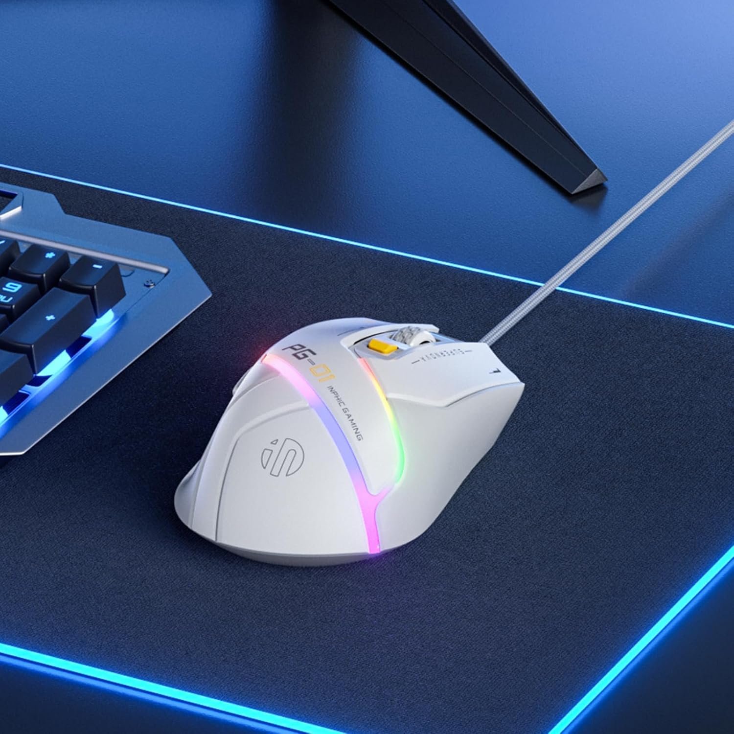 INPHIC PG1 Wired Computer Mouse Ergonomic, 12800 DPI High-Precision, 6 Programmable Buttons, RGB Backlit for Gaming - White Gray - Image 9