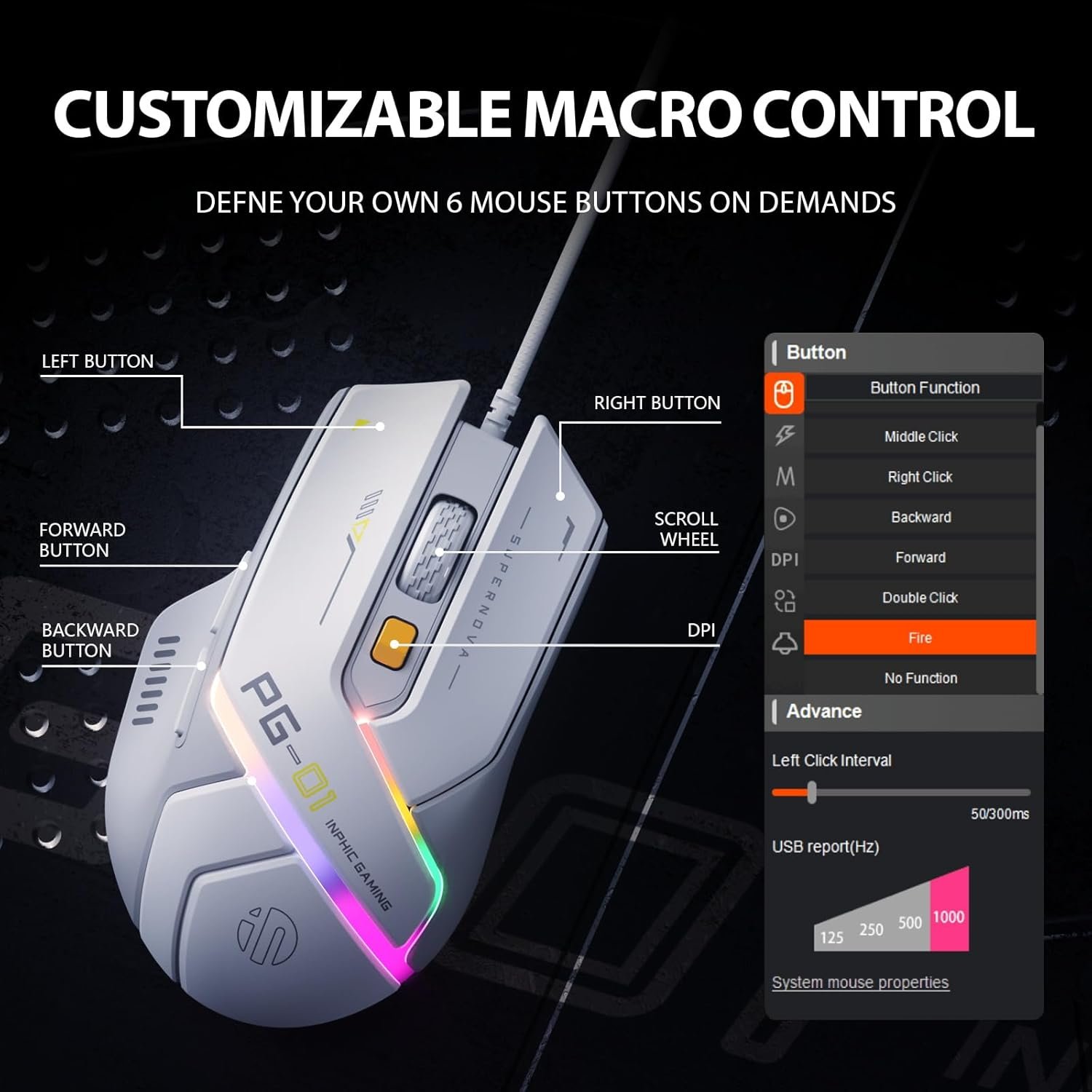INPHIC PG1 Wired Computer Mouse Ergonomic, 12800 DPI High-Precision, 6 Programmable Buttons, RGB Backlit for Gaming - White Gray - Image 5