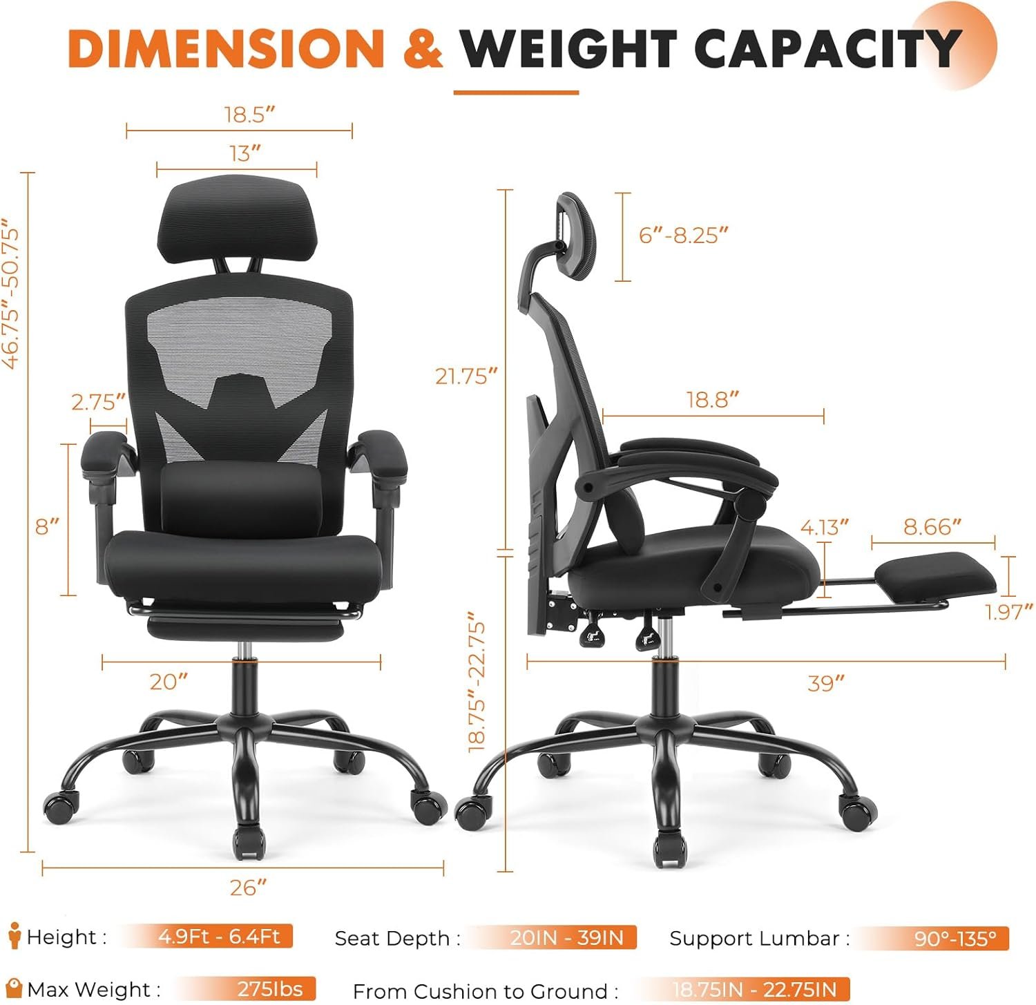 Sweetcrispy Office Computer Desk Chair, Ergonomic High-Back Mesh Rolling Work Swivel Chairs with Wheels, Comfortable Lumbar Support, Comfy Arms for Home, Bedroom, Study, Student, Black - Image 3