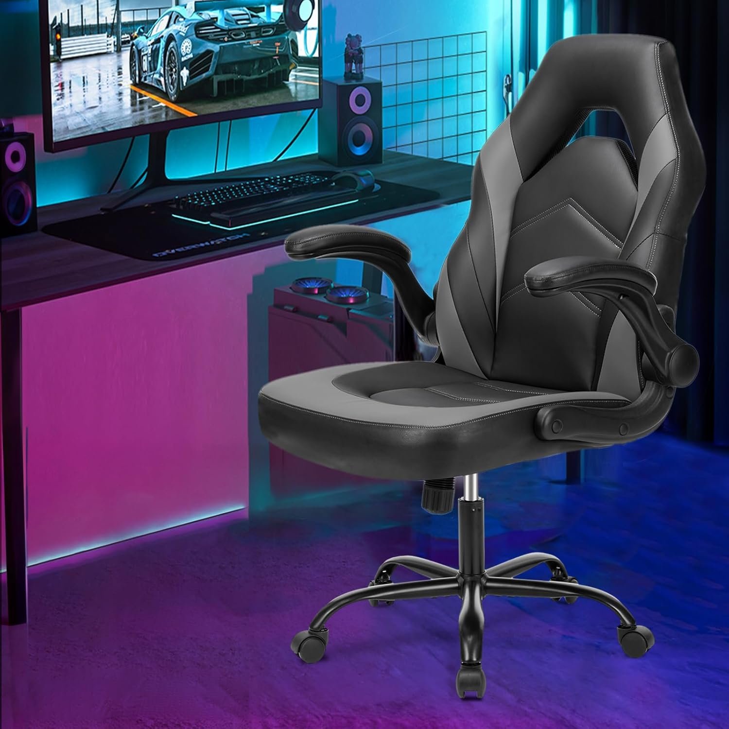 Sweetcrispy Computer Gaming Desk Chair - Ergonomic PU Leather with Comfy Lumbar Support, Height Adjustable Rolling Desk with Flip-up Armrests, for Home and Office - Image 3