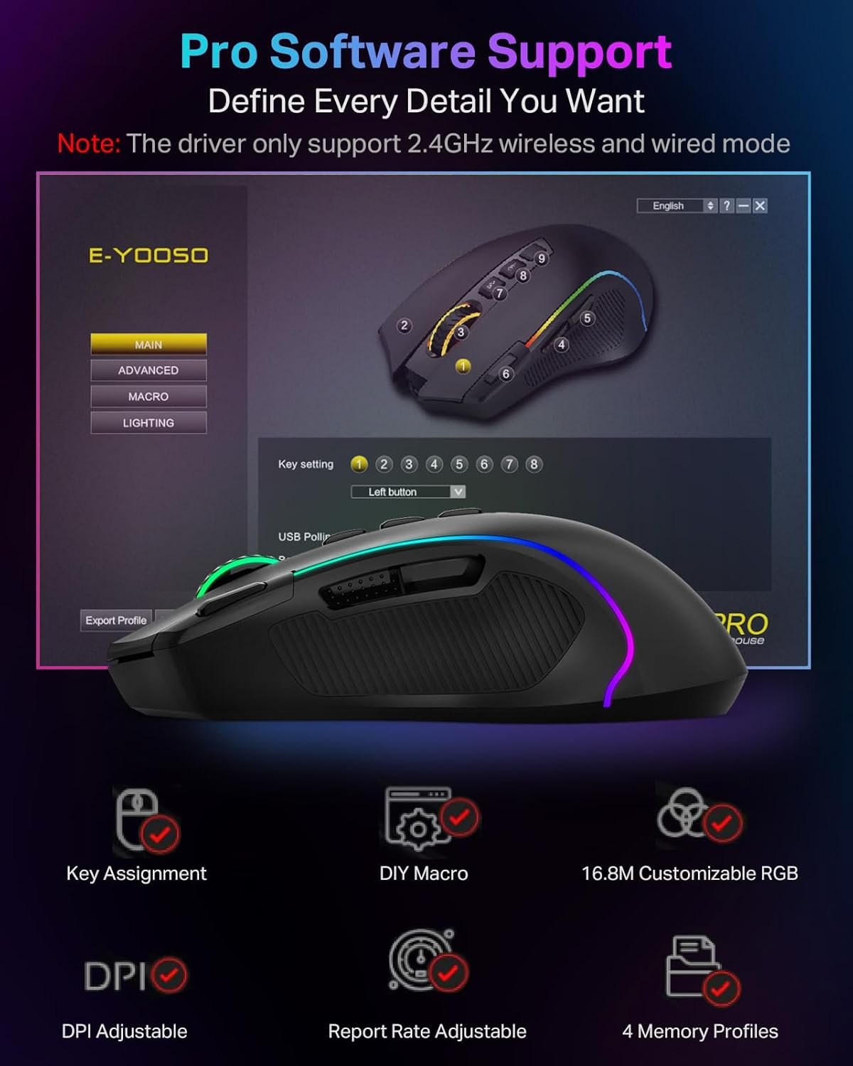 E-YOOSO Gaming Mouse, Tri-Modes Wireless/Bluetooth/Wired Rechargeable RGB Gamer Mouse with 2 Side Buttons, Rapid Fire Key, 8000 DPI, 6 Backlit Modes, 9 Programmable Buttons Macro - Image 3