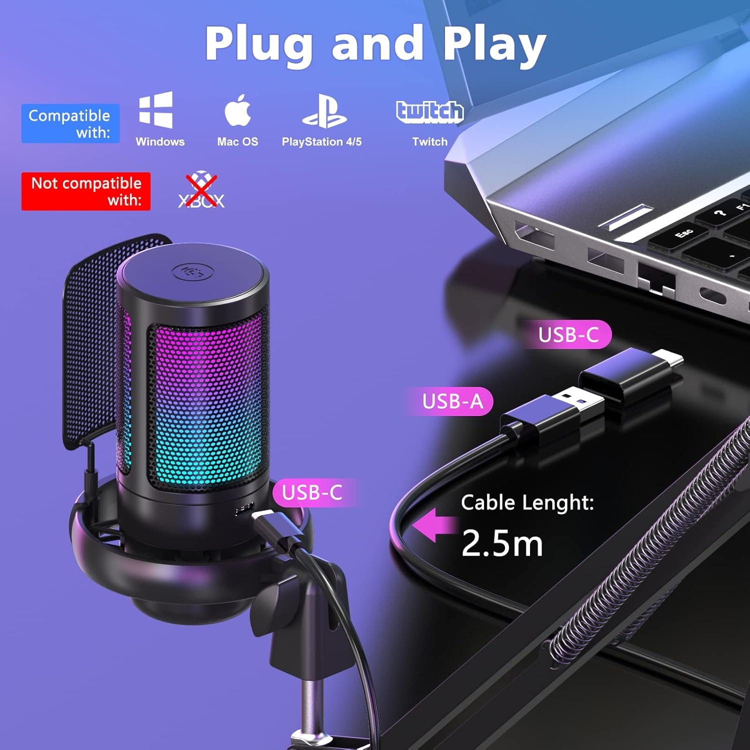 NJSJ USB Gaming Microphone for PC, Condenser Mic with Boom Arm for PS4/ PS5/ Mac/Phone with Touch Mute, RGB Lighting,Gain knob & Monitoring Jack for Streaming,Podcasting,YouTube - Image 8