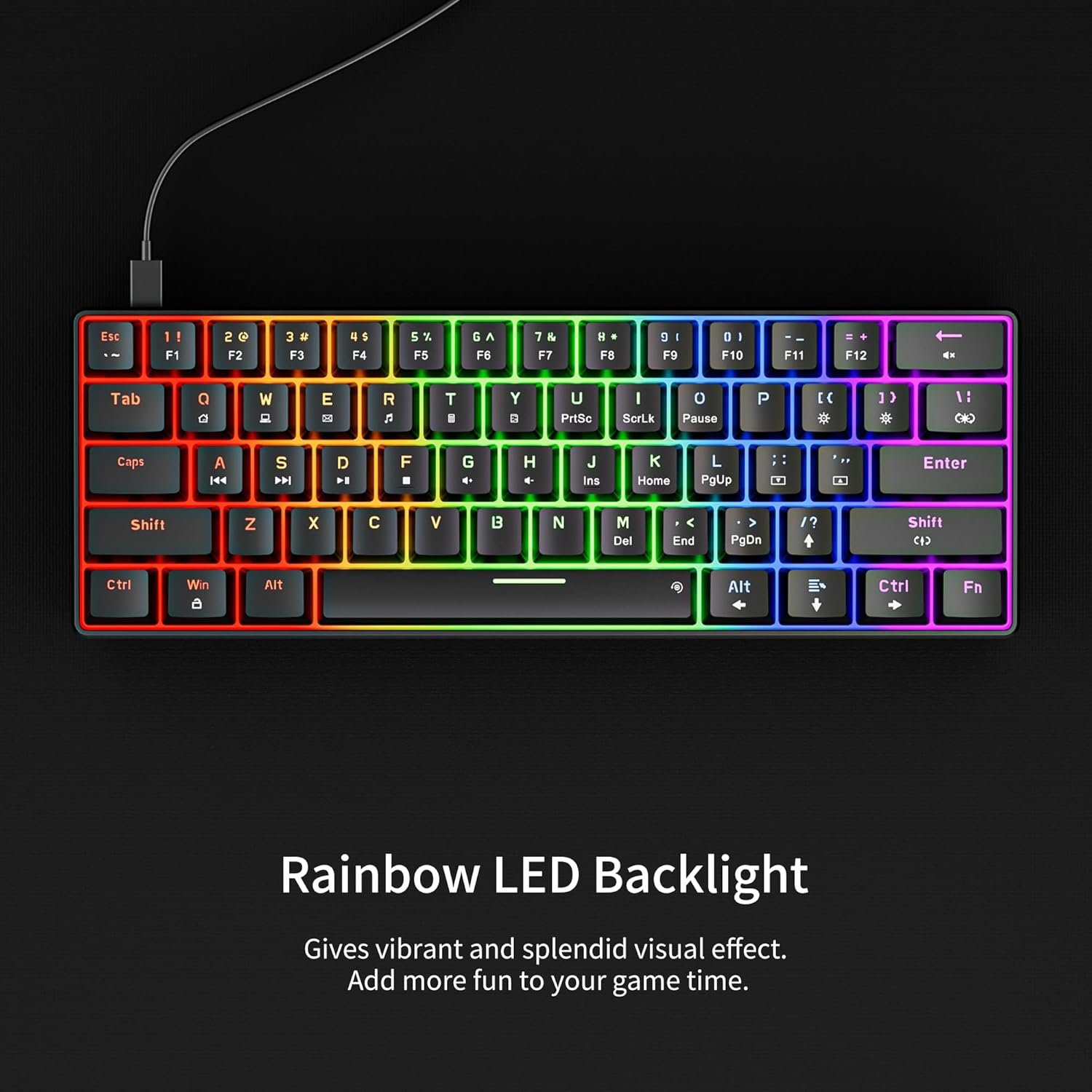 Newmen GM611 Mechanical Keyboard,LED Rainbow Backlit Gaming Wired Keyboard Compact Mini 61 Keys Portable 60 Percent Mechanical Keyboards with Black Keycaps,for Windows Laptop PC Linear Red Switches - Image 4