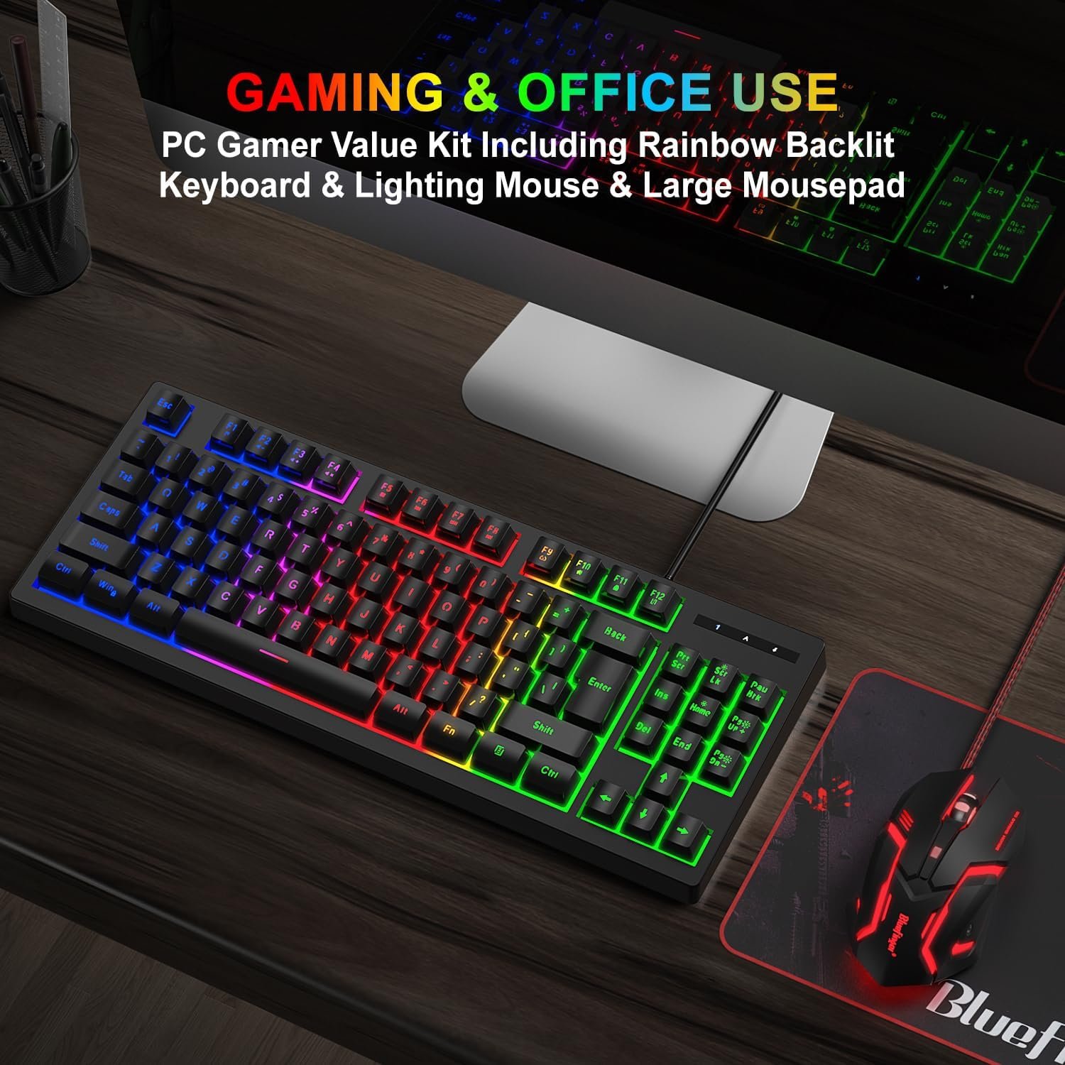 RGB 87 Keys Gaming Keyboard and Backlit Mouse Combo,BlueFinger USB Wired Rainbow Keyboard,Gaming Keyboard Set for Laptop PC Computer Game and Work - Image 6