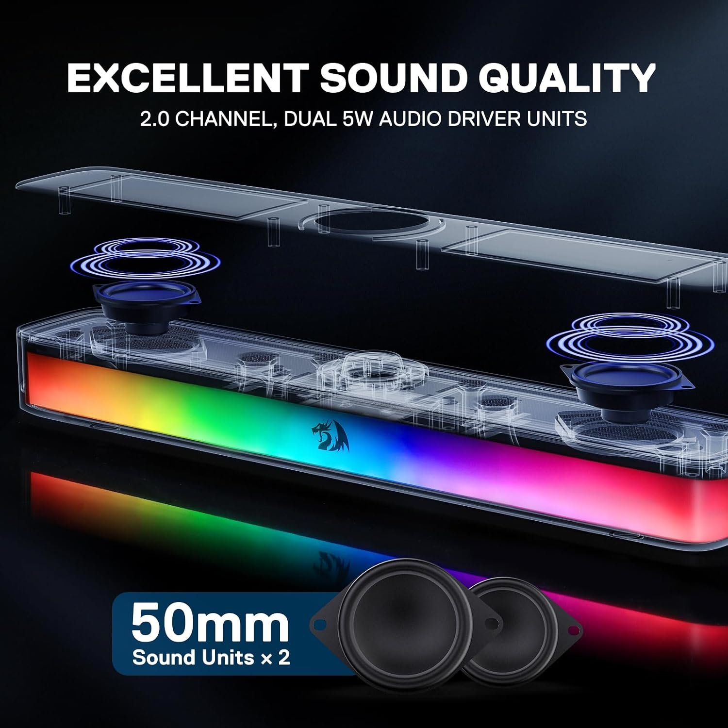 Redragon GS515 RGB Desktop Soundbar, 2.0 Channel Stereo Computer Speakers for Desktop with Bluetooth 5.3, USB-C/USB Powered, Black - Image 3