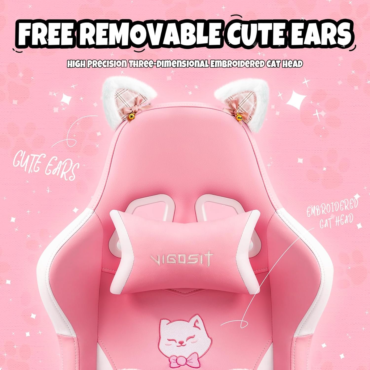Pink Gaming Chair with Cat Paw Lumbar Cushion and Cat Ears, Ergonomic Computer Chair with Footrest, Reclining PC Game Chair for Girl, Teen - Image 6