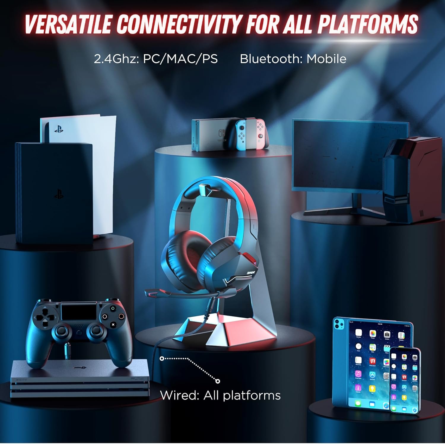 BINNUNE Wireless Gaming Headset with Microphone for PC PS4 PS5, 2.4G Wireless Bluetooth USB Gamer Headphones with Mic for Laptop Computer - Image 7