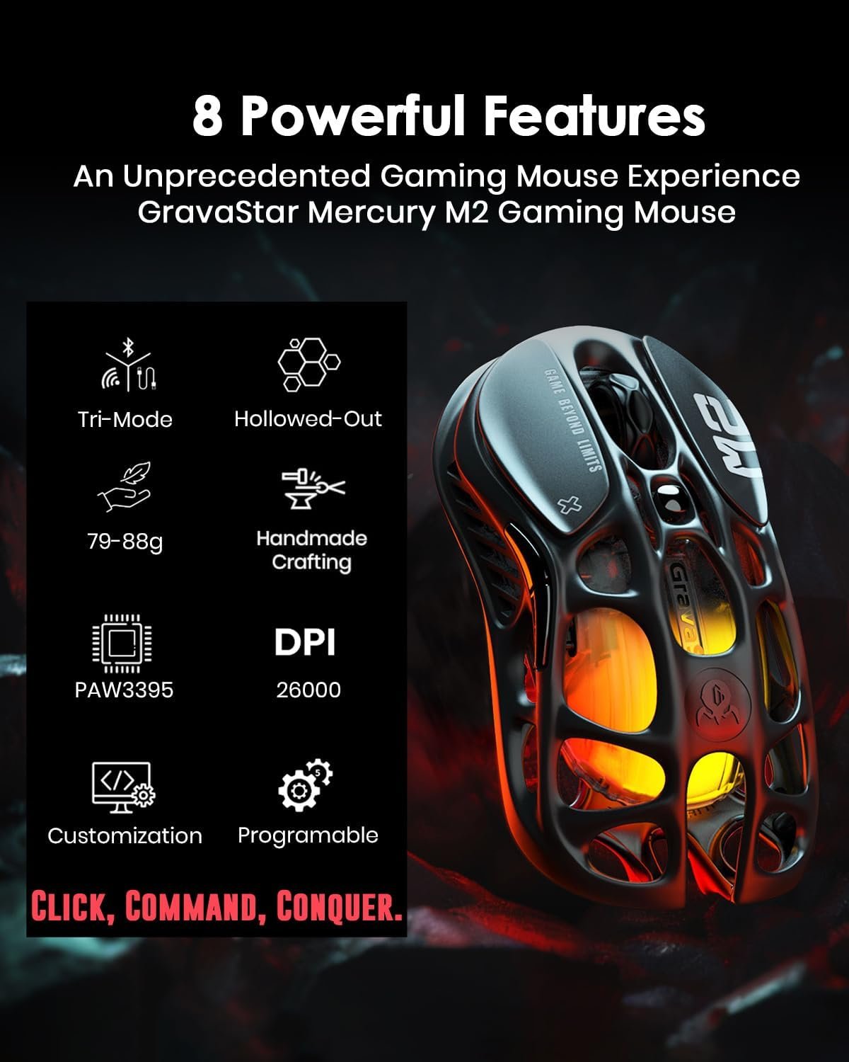 GravaStar Mercury M2 Wireless Gaming Mouse with 26,000 DPI, PAW3395DM Sensor -79g Lightweight Hollowed-Out Design -5 Programmable Buttons -5 Dynamic Lightsync RGB - Stealth Black - Image 3