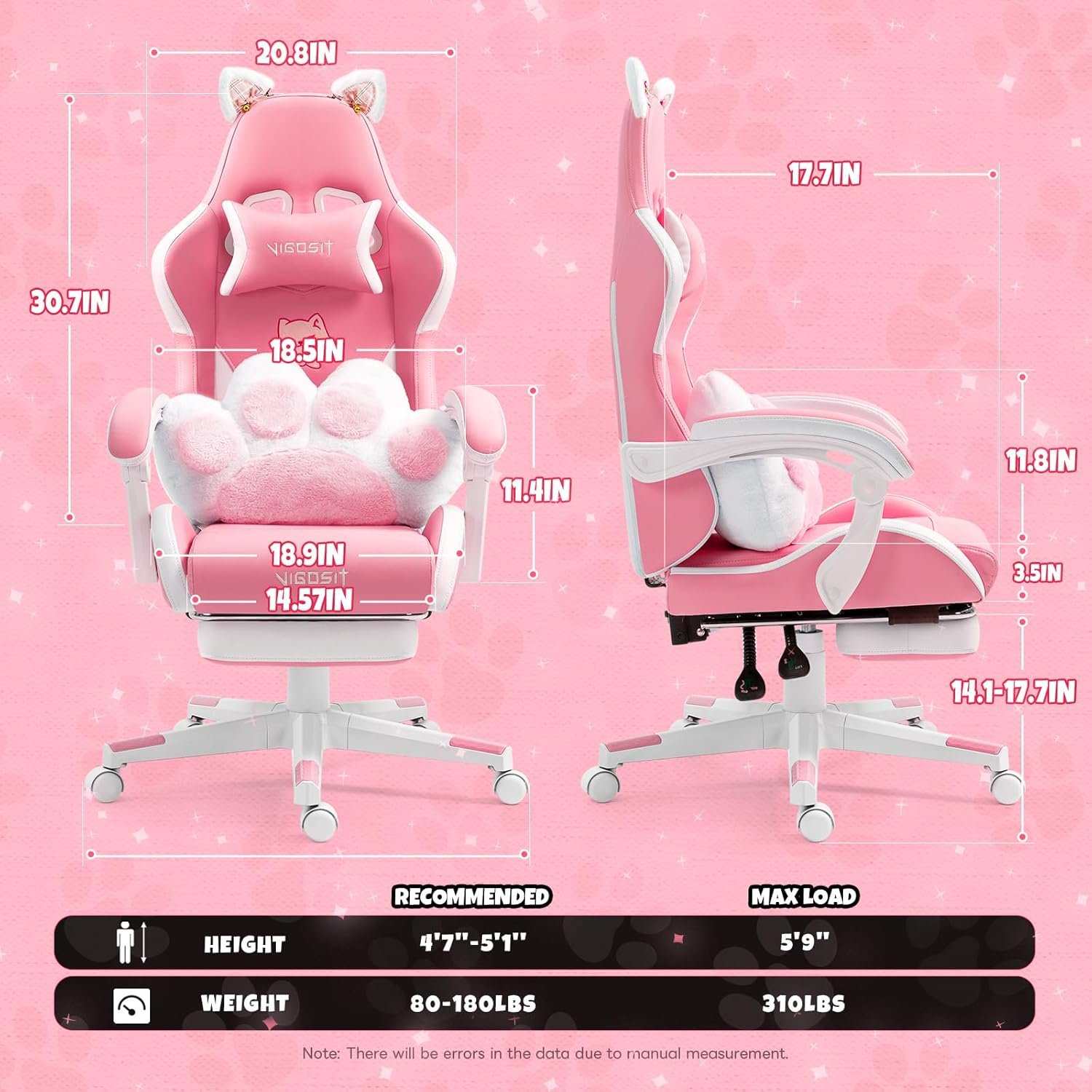 Pink Gaming Chair with Cat Paw Lumbar Cushion and Cat Ears, Ergonomic Computer Chair with Footrest, Reclining PC Game Chair for Girl, Teen - Image 3