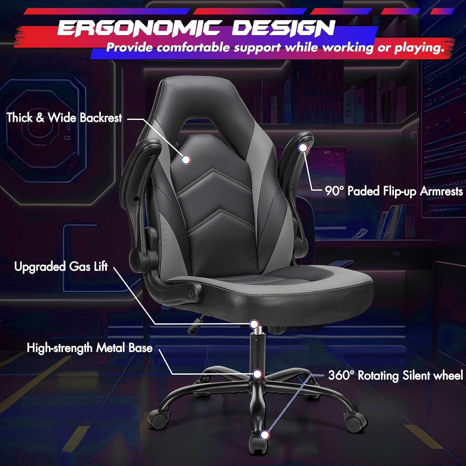 Sweetcrispy Computer Gaming Desk Chair - Ergonomic PU Leather with Comfy Lumbar Support, Height Adjustable Rolling Desk with Flip-up Armrests, for Home and Office - Image 8