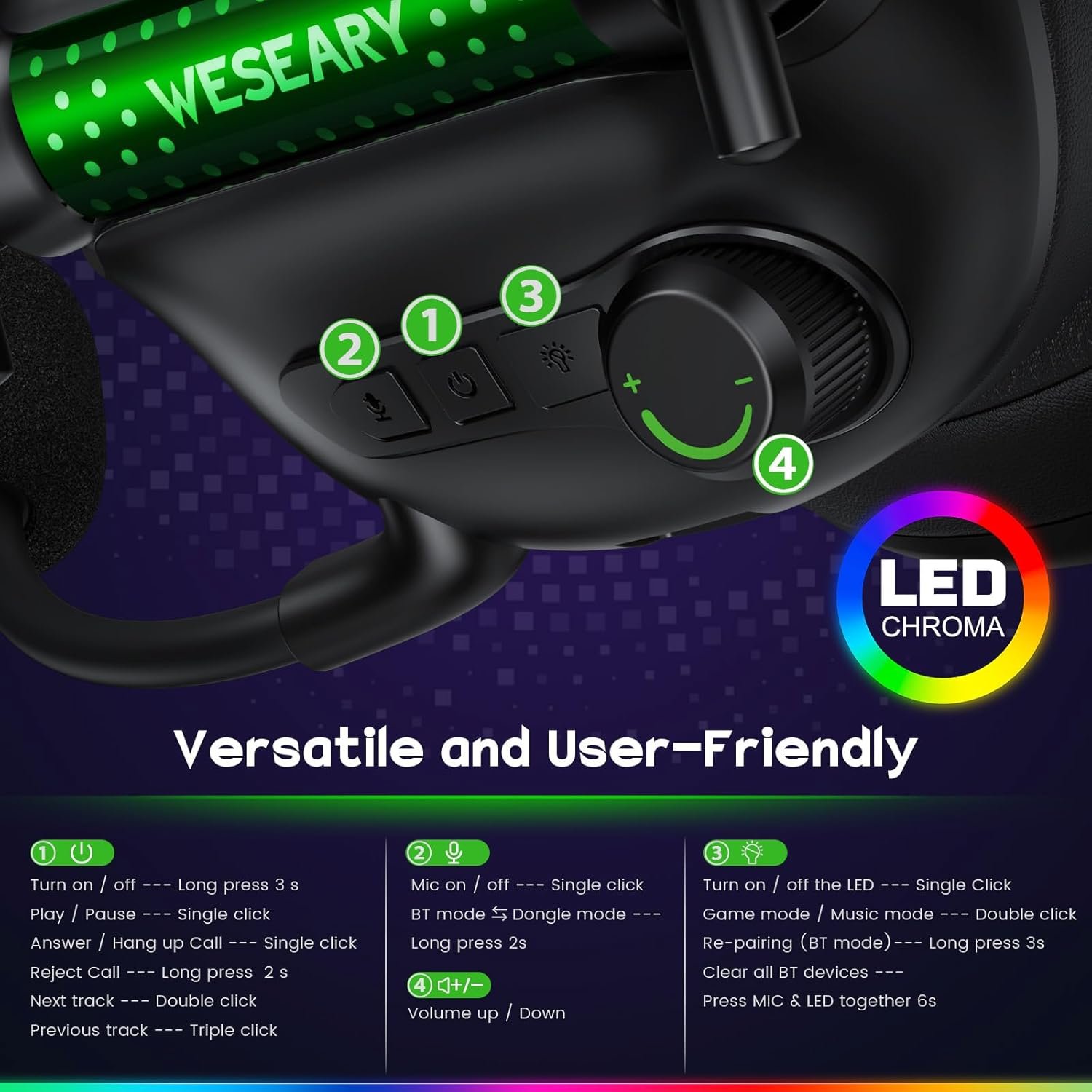 WG2 Wireless Gaming Headsets with Microphone for PS5, PS4, PC, Switch, Mac, Crystal Stereo Bluetooth Headphones, Wireless Headset 2.4GHz with Lossless Audio, 50 Hr Battery, Cool LED - Image 9