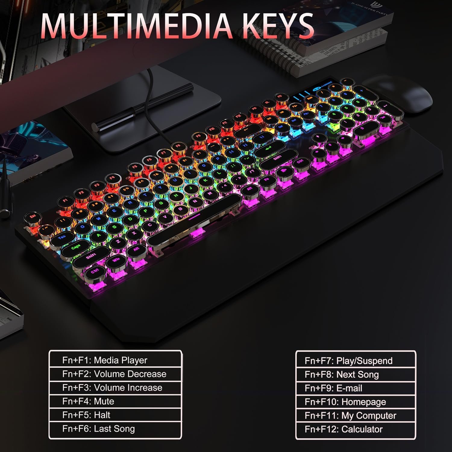 Camiysn Typewriter Style Mechanical Gaming Keyboard, Black Retro Punk Gaming Keyboard with RGB Backlit, 104 Keys Blue Switch Wired Cute Keyboard, Round Keycaps for Windows/Mac/PC - Image 6