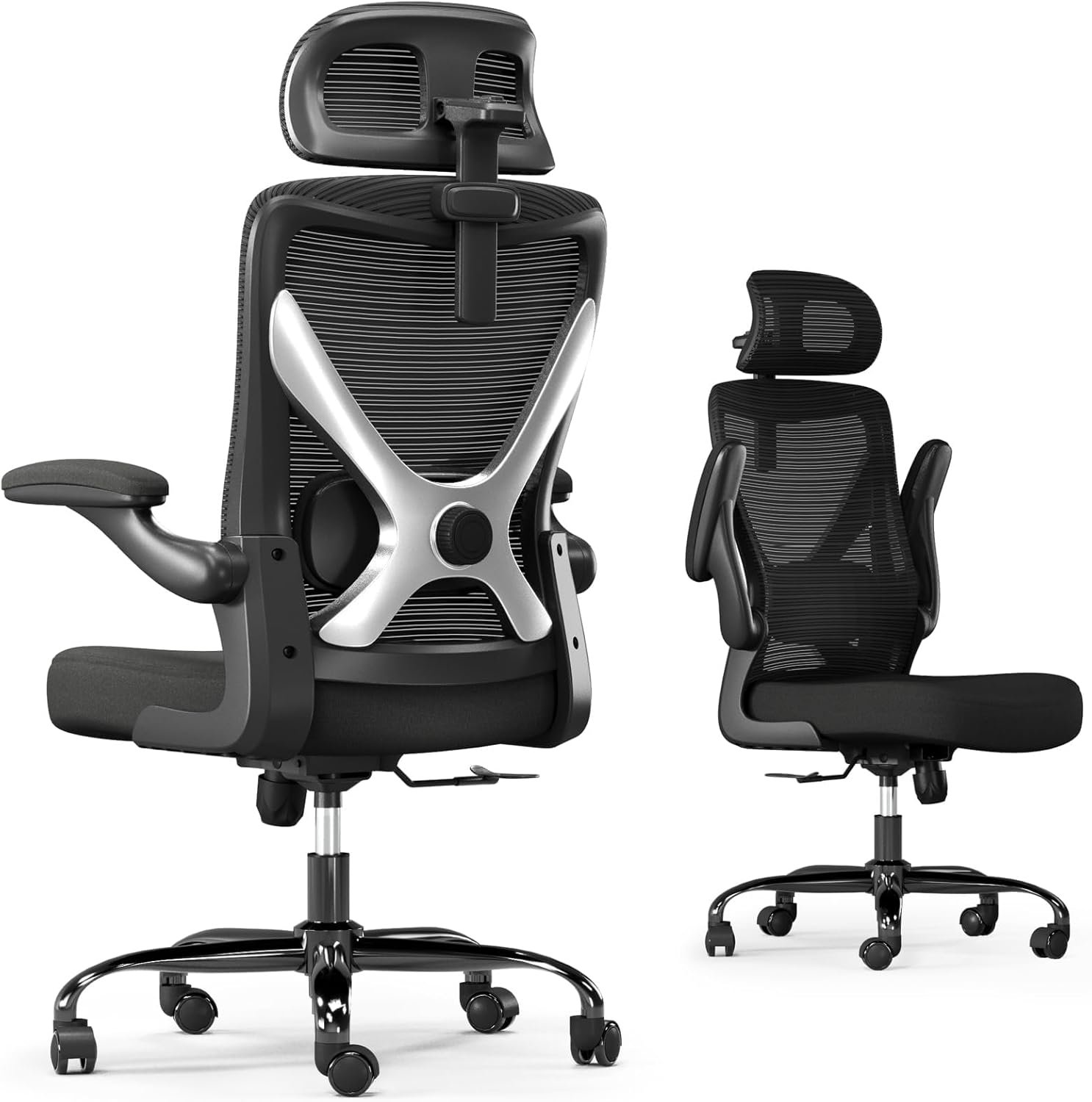 Ergonomic Office Chair - X-Shaped Computer Desk Chair Comfy, Gaming Chair, Office Chair with Lumbar Support, Mesh Office Chairs with Headrests, Desk Chair for Long Hours (Black Silver) - Image 4