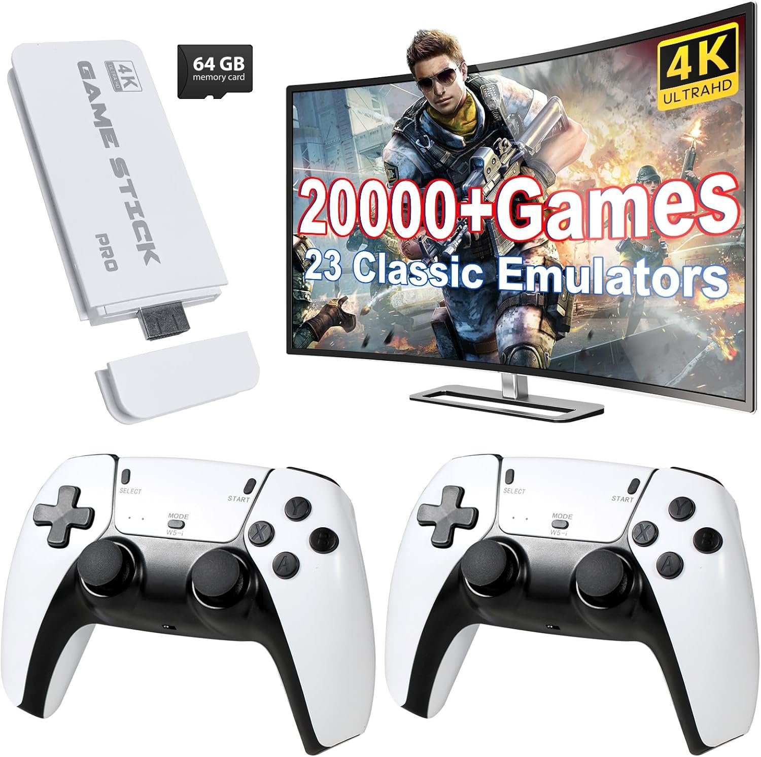 Retro Game Stick, 4K Wireless Retro Game Console with Built-in 20000+ Games and 23 Classic Emulators,Dual 2.4GHz Wireless Controllers,Plug and Play Video Games for TV(White) - Image 2