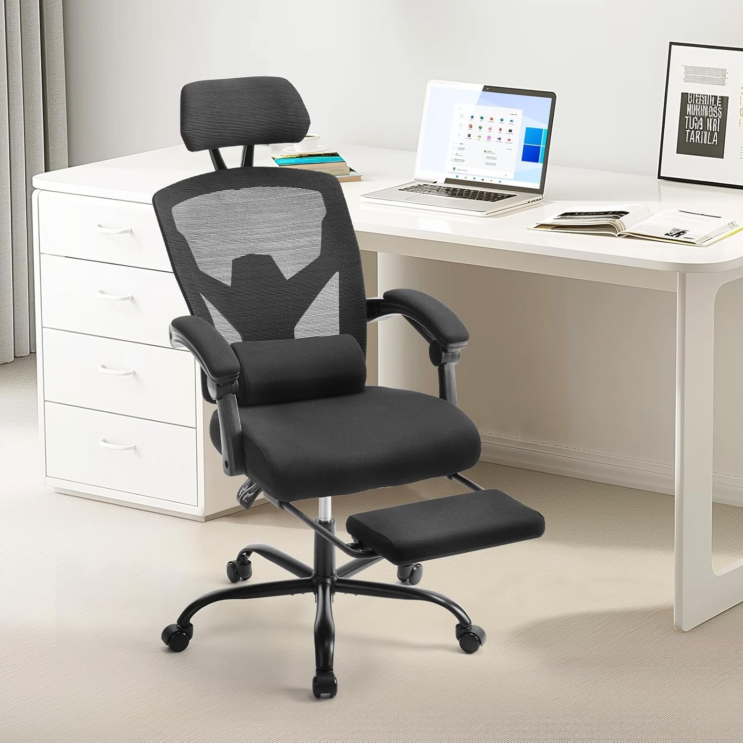 Sweetcrispy Office Computer Desk Chair, Ergonomic High-Back Mesh Rolling Work Swivel Chairs with Wheels, Comfortable Lumbar Support, Comfy Arms for Home, Bedroom, Study, Student, Black - Image 2