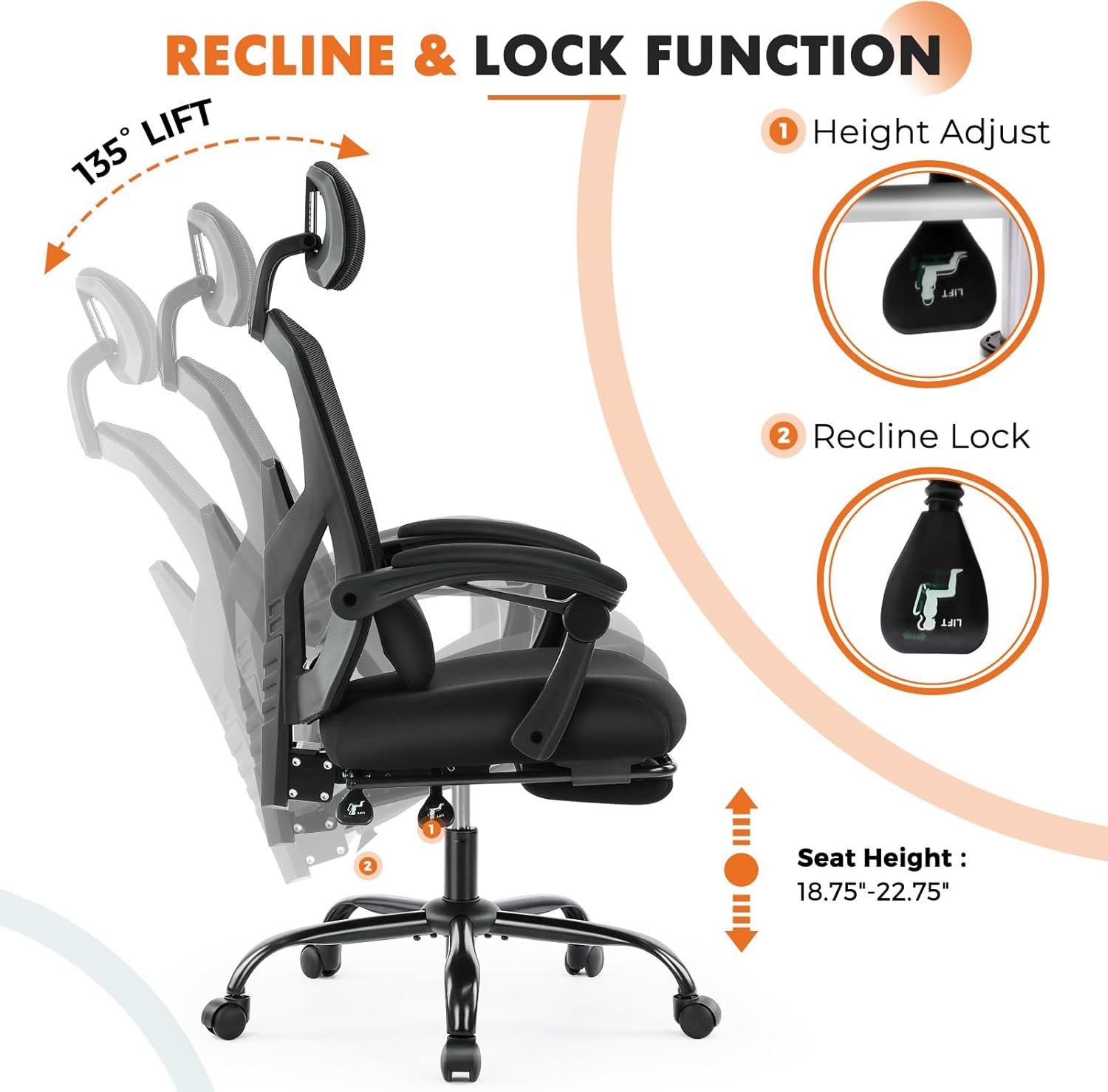 Sweetcrispy Office Computer Desk Chair, Ergonomic High-Back Mesh Rolling Work Swivel Chairs with Wheels, Comfortable Lumbar Support, Comfy Arms for Home, Bedroom, Study, Student, Black - Image 6