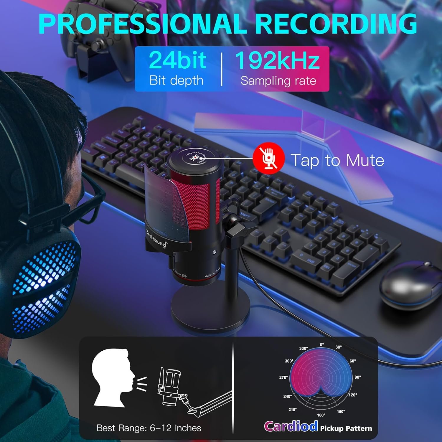 ZealSound Gaming USB Microphone,Noise Cancellation Condenser mic with RGB Light,Touch Mute,Gain,Monitoring for Streaming,Podcast,Twitch,YouTube,Discord,iPhone,iPad,PC,Computer,PS4,PS5,Mac,GamerWave - Image 6