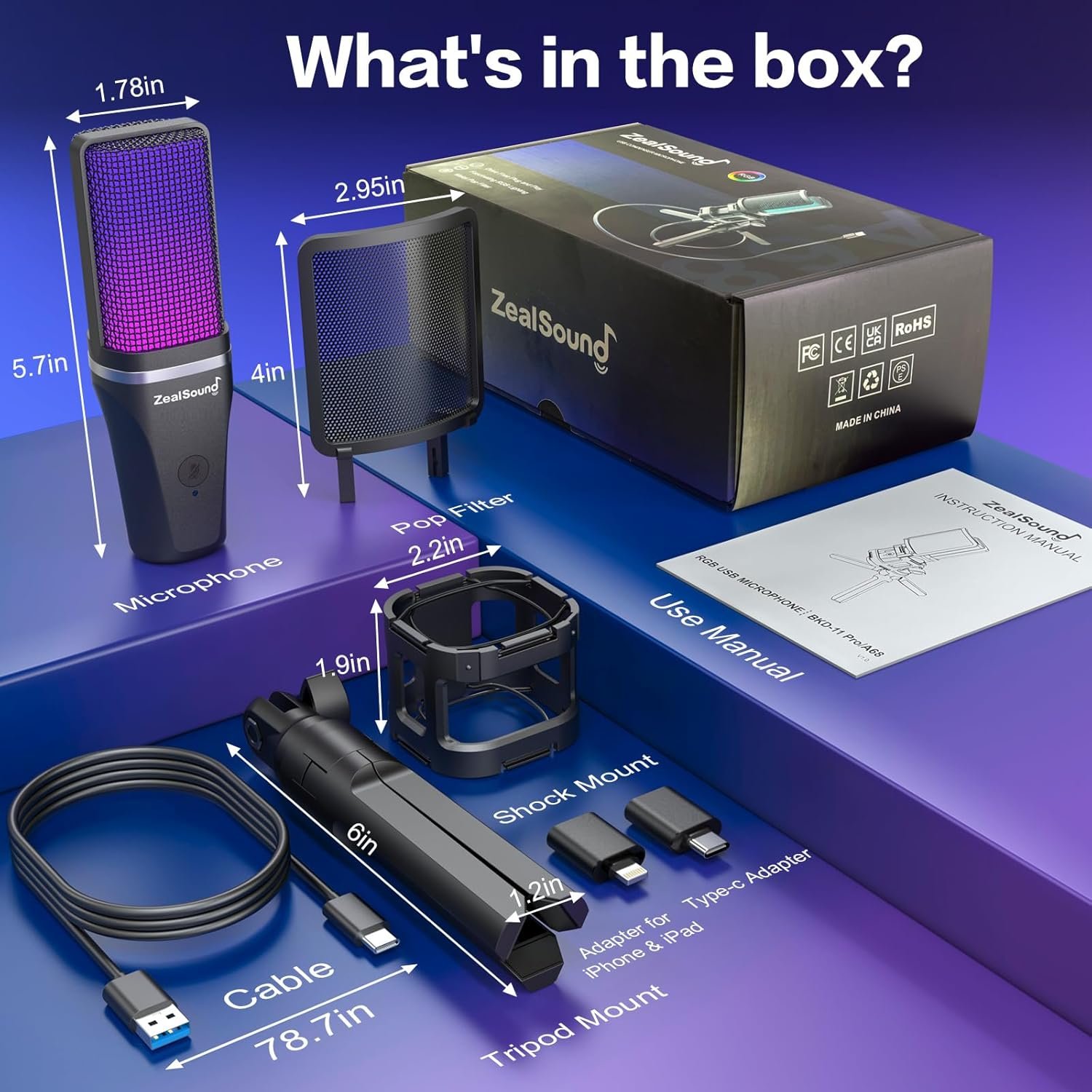 ZealSound Gaming USB Microphone for PC,RGB Condenser Computer Mic with Tripod Stand,Quick Mute,Gain Control for Gaming,Streaming,Podcasting,Recording,ASMR,Cardioid Mic Kit for Laptop/PS4/PS5/Phone - Image 8