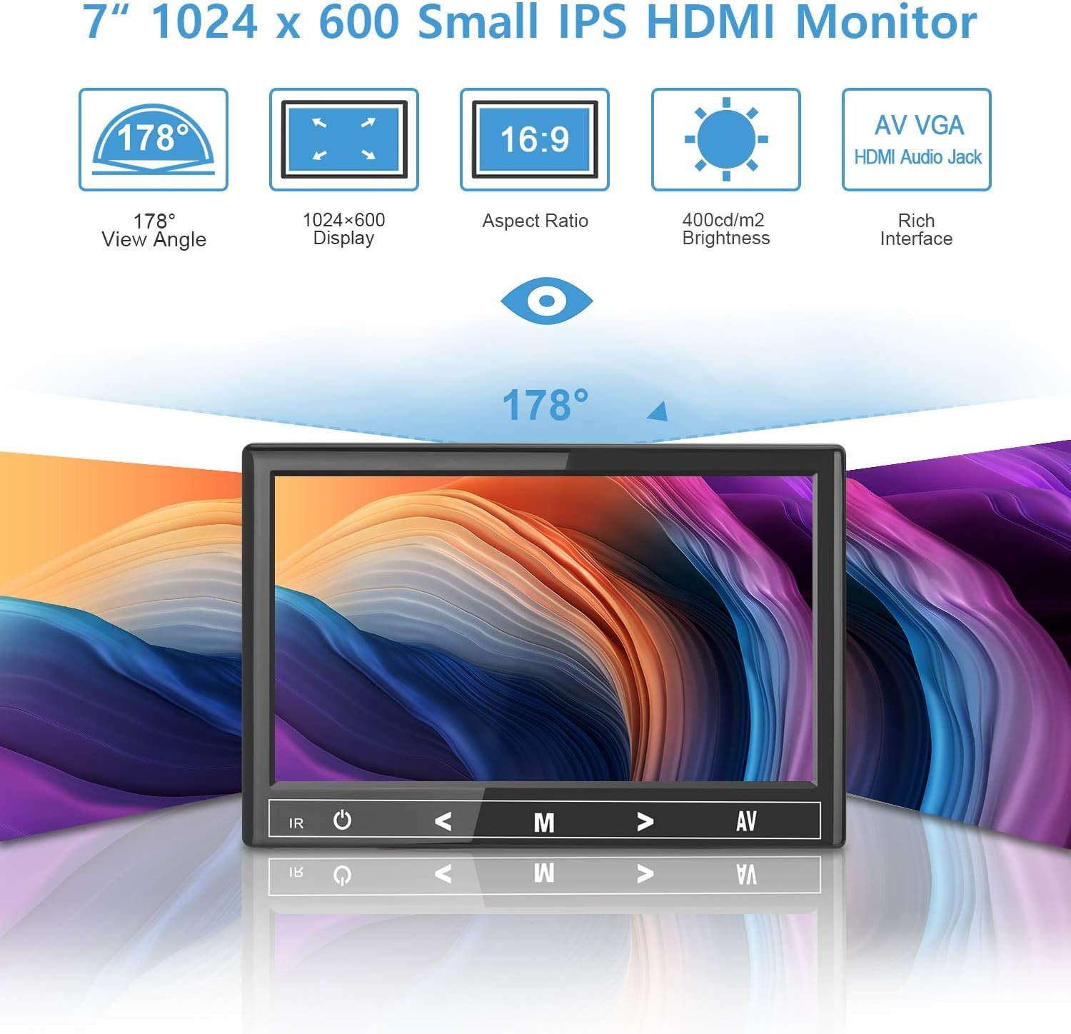 7 inch Mini Monitor, 1024X600 IPS Display Screen Small HDMI Monitor VGA Monitor for PC/CCTV/Raspberry PI/Security Camera/Gaming, Build in Speakers & Earphone Jack, with Remote Control - Image 3