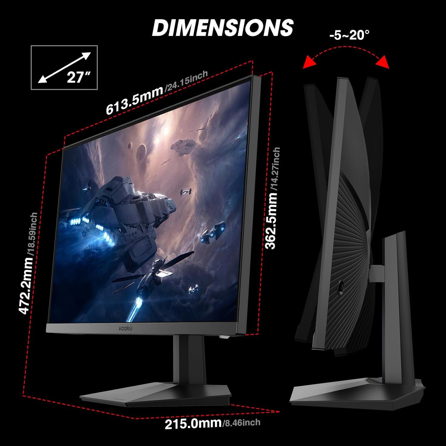 KOORUI Monitor, 27" Gaming Monitor, 165Hz, IPS, FHD 1920 x 1080 1ms Computer Monitor with Adaptive Sync, 75x75 mm VESA Mountable, Tilt Adjustable, 2 x HDMI 2.0 & DisplayPort 1.4, GN06, Black - Image 8