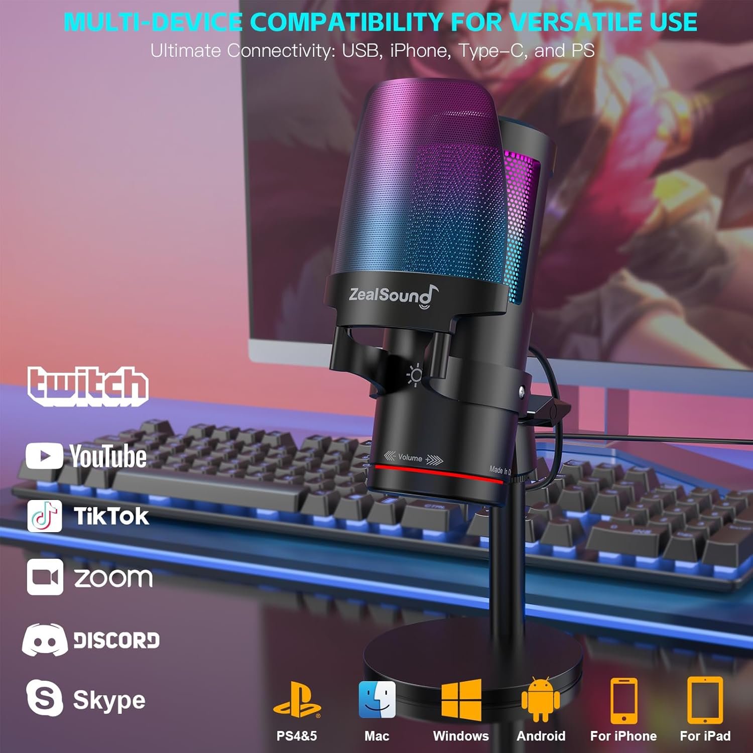 ZealSound Gaming USB Microphone,Noise Cancellation Condenser mic with RGB Light,Touch Mute,Gain,Monitoring for Streaming,Podcast,Twitch,YouTube,Discord,iPhone,iPad,PC,Computer,PS4,PS5,Mac,GamerWave - Image 4