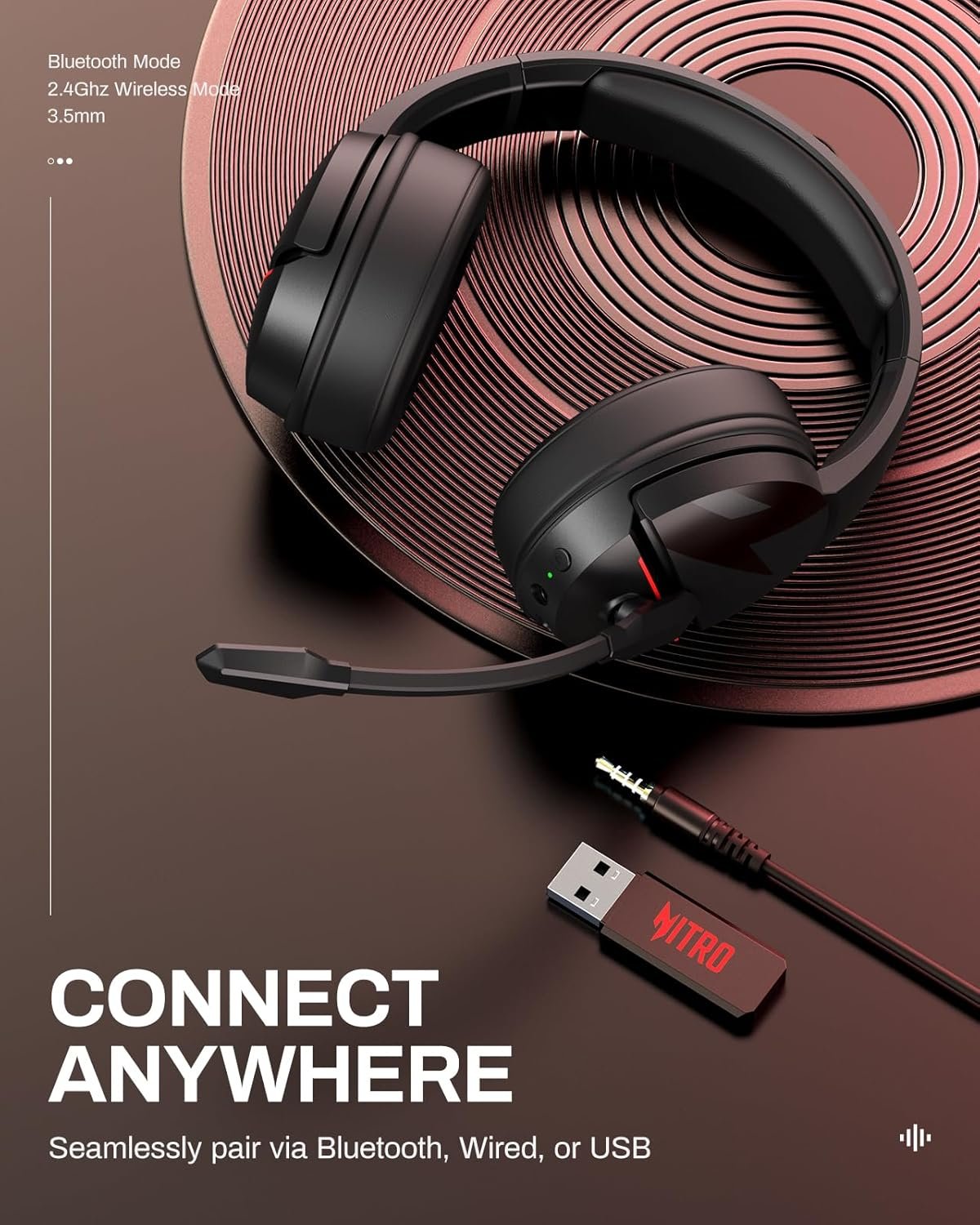 Acer Nitro Wireless Gaming Headset | Non-Stop 100H Battery | Dynamic 50mm Drivers | Clear Voice Mic | Bluetooth5.3, 3.5mm | Gaming Headphones for PC, Meeting, Music, PS4 & PS5 Headset - Black - Image 7