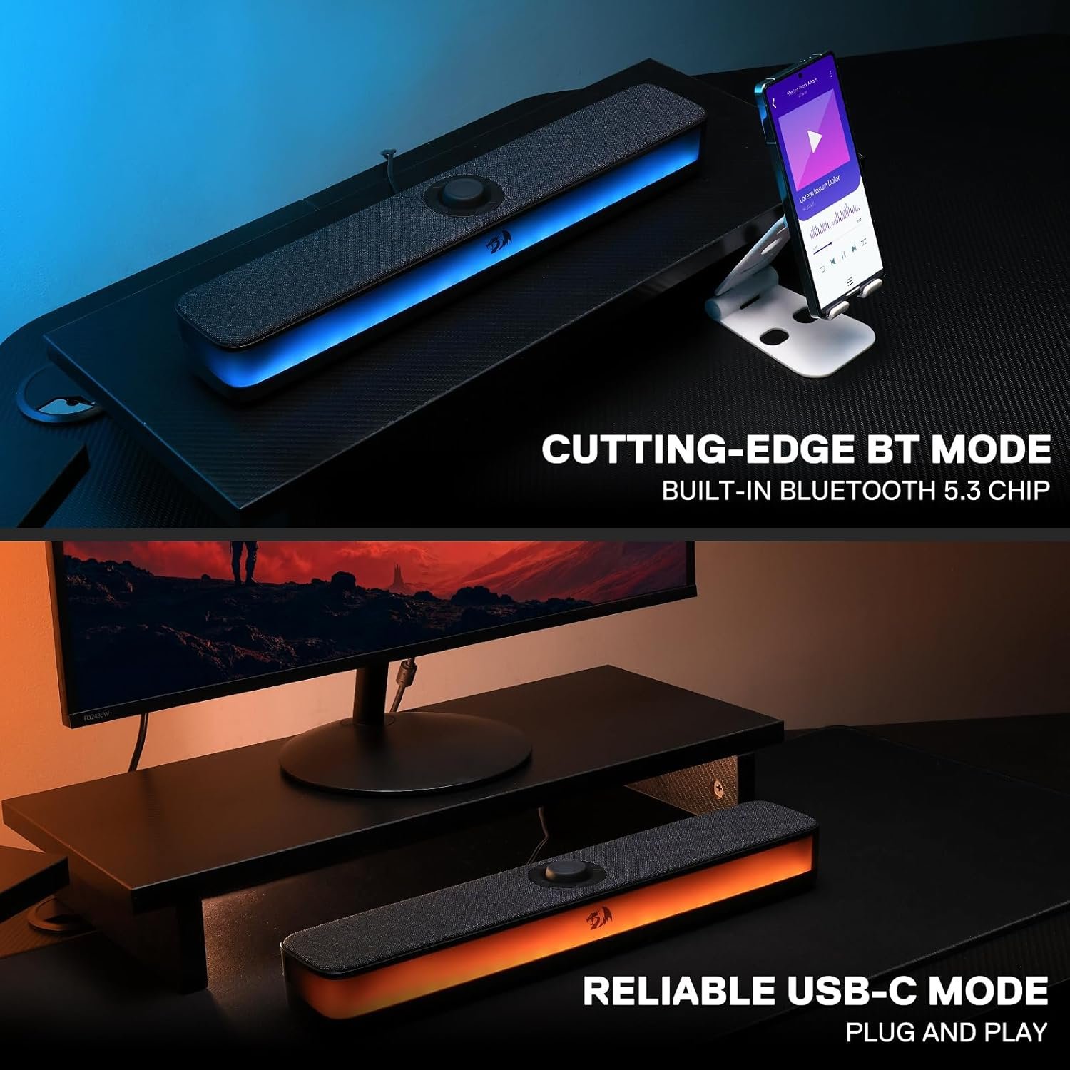 Redragon GS515 RGB Desktop Soundbar, 2.0 Channel Stereo Computer Speakers for Desktop with Bluetooth 5.3, USB-C/USB Powered, Black - Image 4