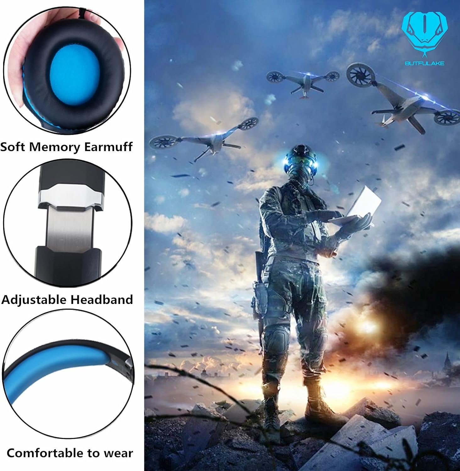 Gaming Headset for PS4, PC, Xbox One, PS5, for Nintendo Switch, Wired Over Ear Headphones with Stereo Surround Sound, Noise-Cancelling Microphone, LED Lights for Kids Adults, Black Blue - Image 6