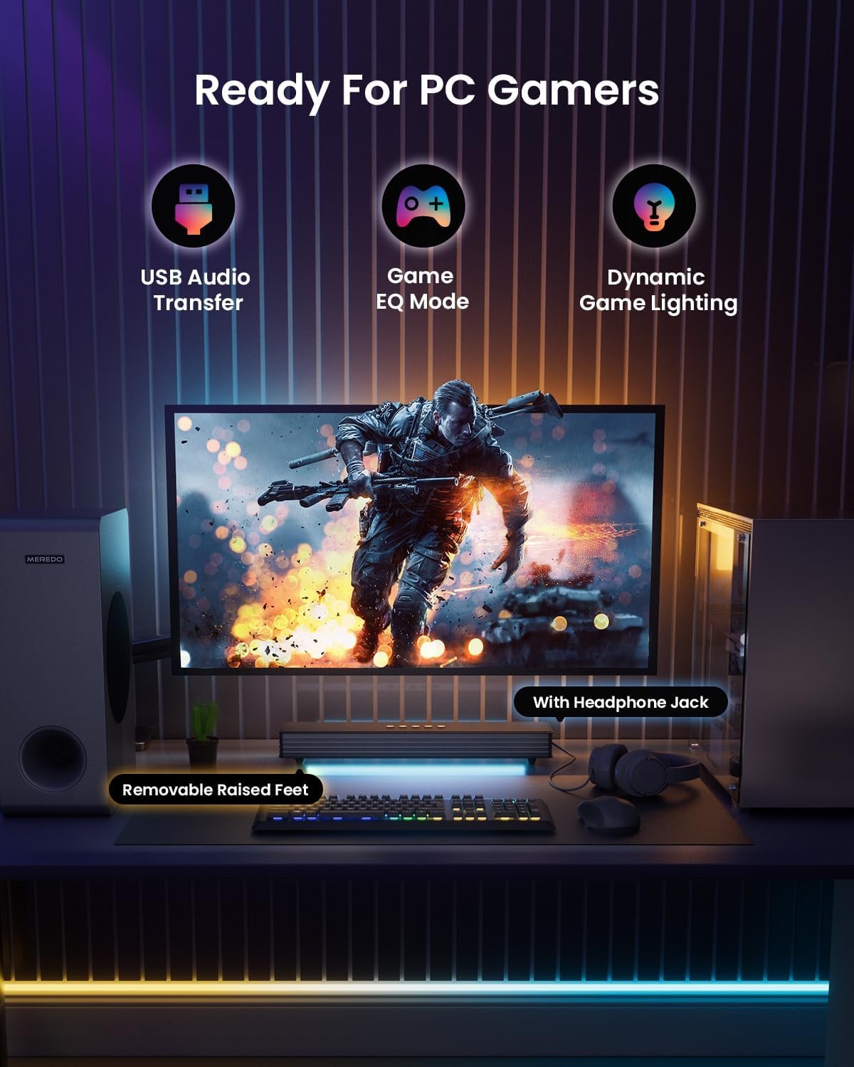 MEREDO Sound Bar for Smart TV 3.1CH PC Gaming Soundbar with Subwoofer RGB Lighting Audio Sync Surround Sound System BT 5.3/HD-ARC/Optical/AUX/USB for Desktop Tablets Consoles Home Cinema - Image 6