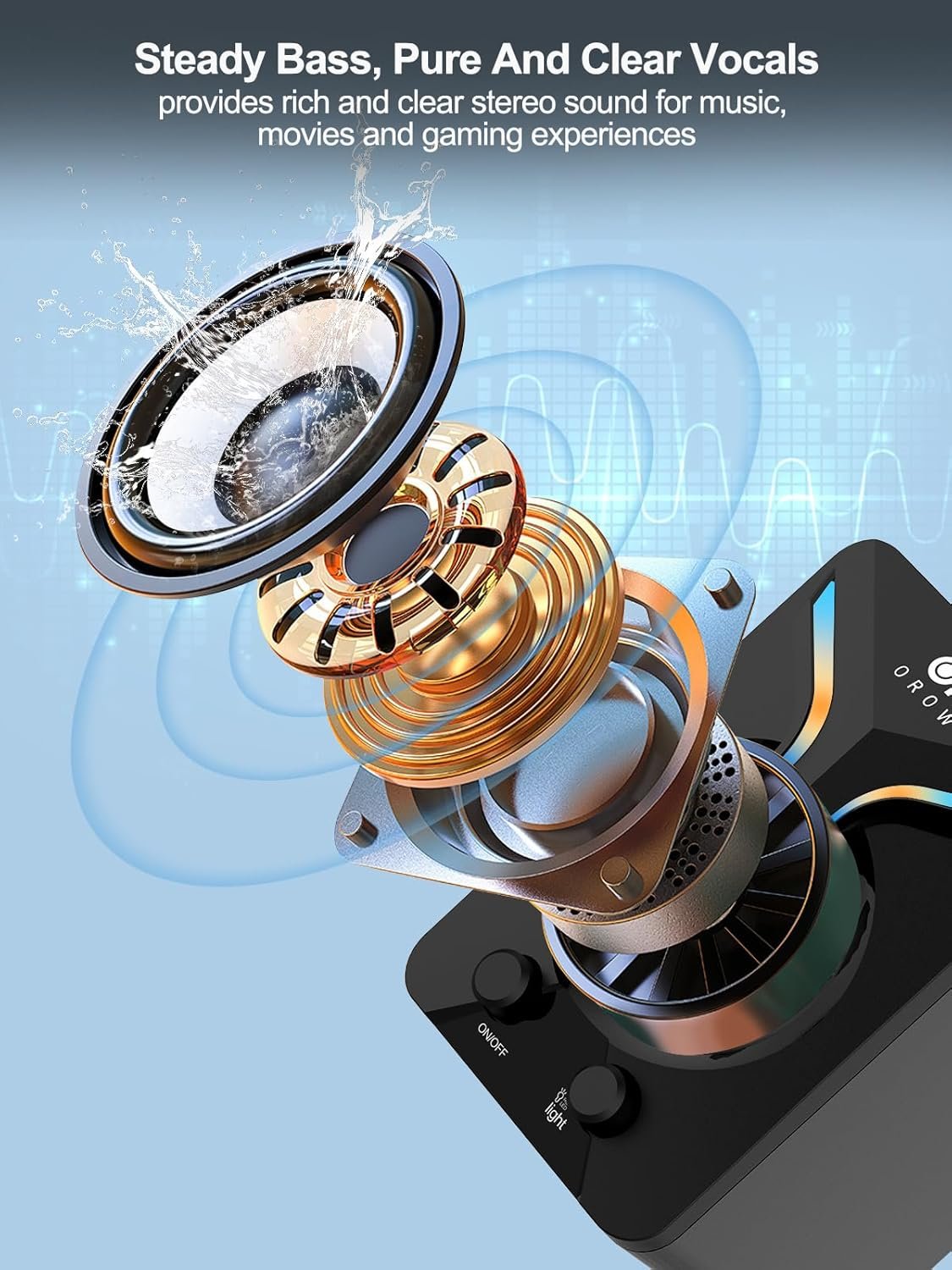 OROW Computer Speakers,Mini PC Speakers with Subwoofer,2.1 Desktop Speaker with RGB Lights,USB Powered, Stereo Sound,Gaming Speakerwith 3.5mm Aux Cable for Monitor/Laptop/Tablet(S212) - Image 4