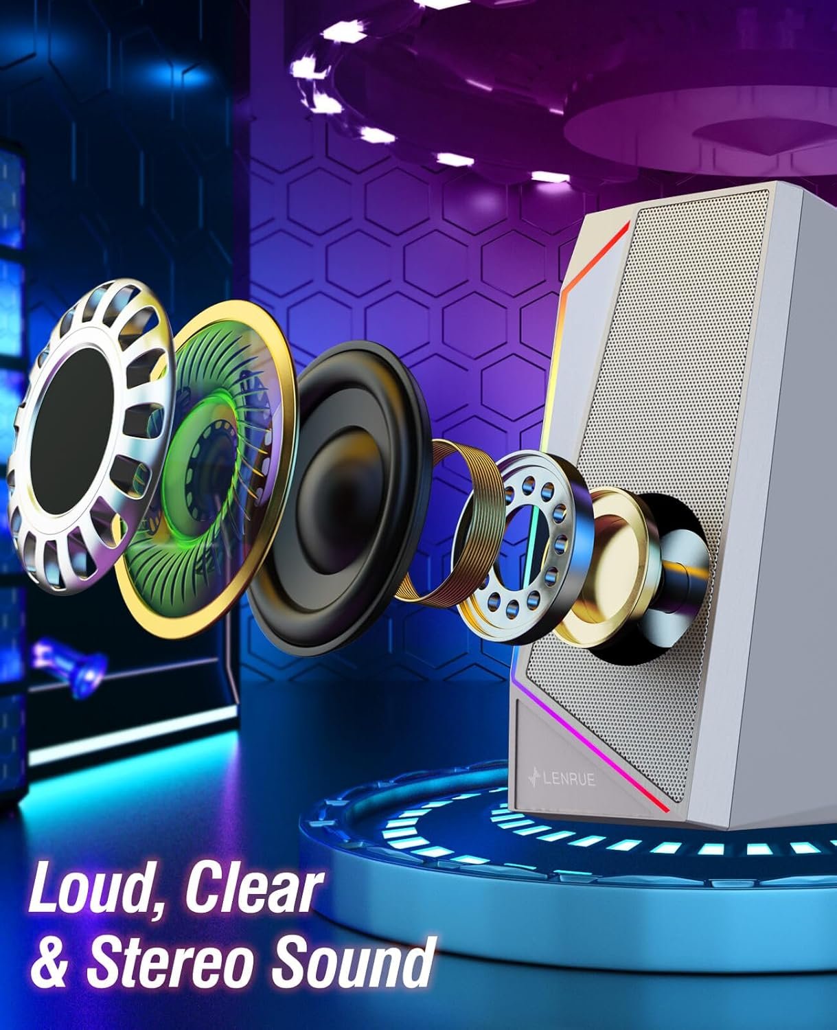 LENRUE Computer Speakers, USB/USB-C Powered PC Speakers with Loud Stereo Sound, Headphone-in for Desktop, Laptop, Monitor (USB-C to USB Adapter Included) - Image 4