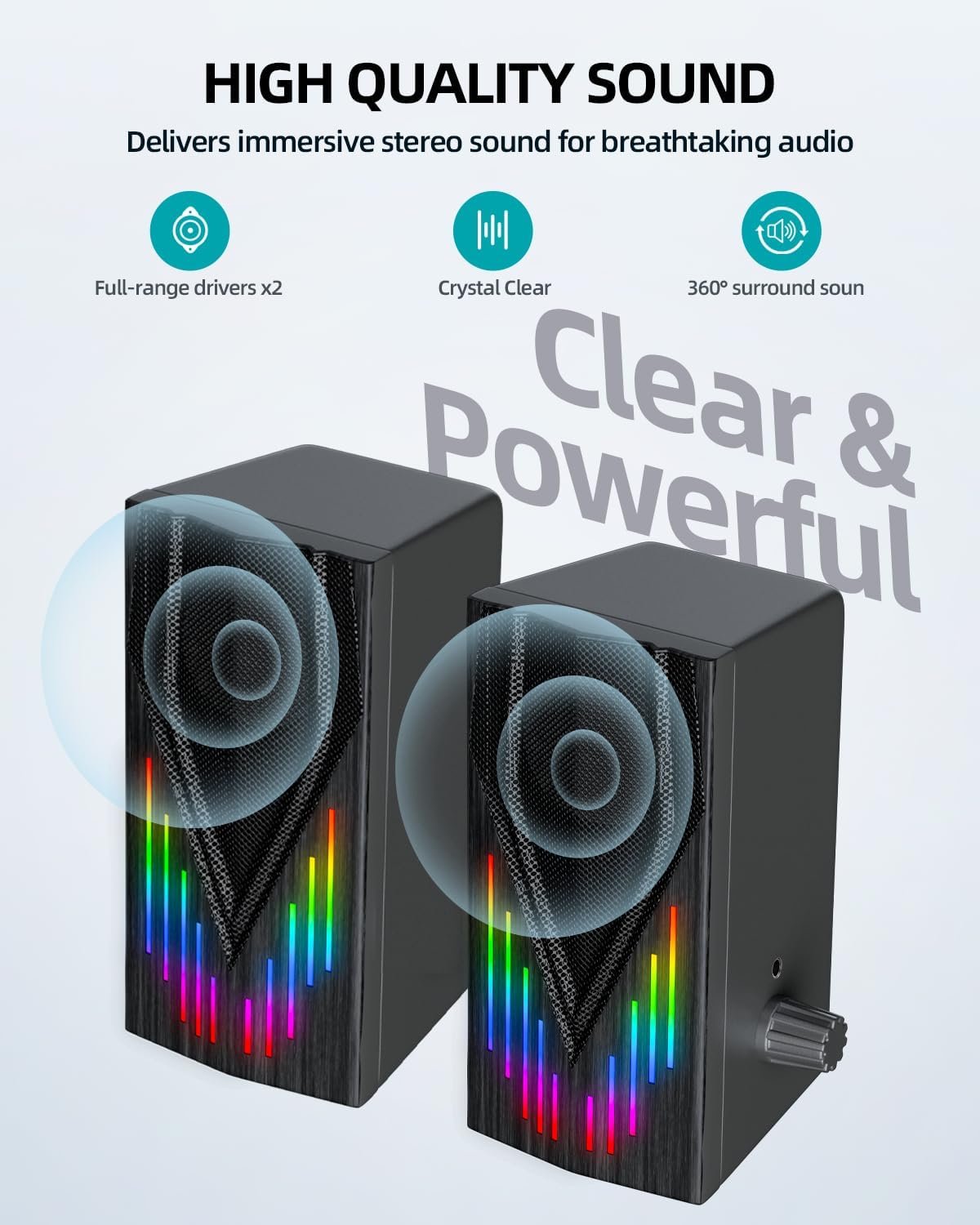 Computer Speakers,Computer Speakers for Desktop PC,Computer Speakers for Laptop, with 6 Colorful RGB Lights,3.5mm Aux Computer Speakers for PC/Laptop/Tablet Phone(E1065), Black - Image 5