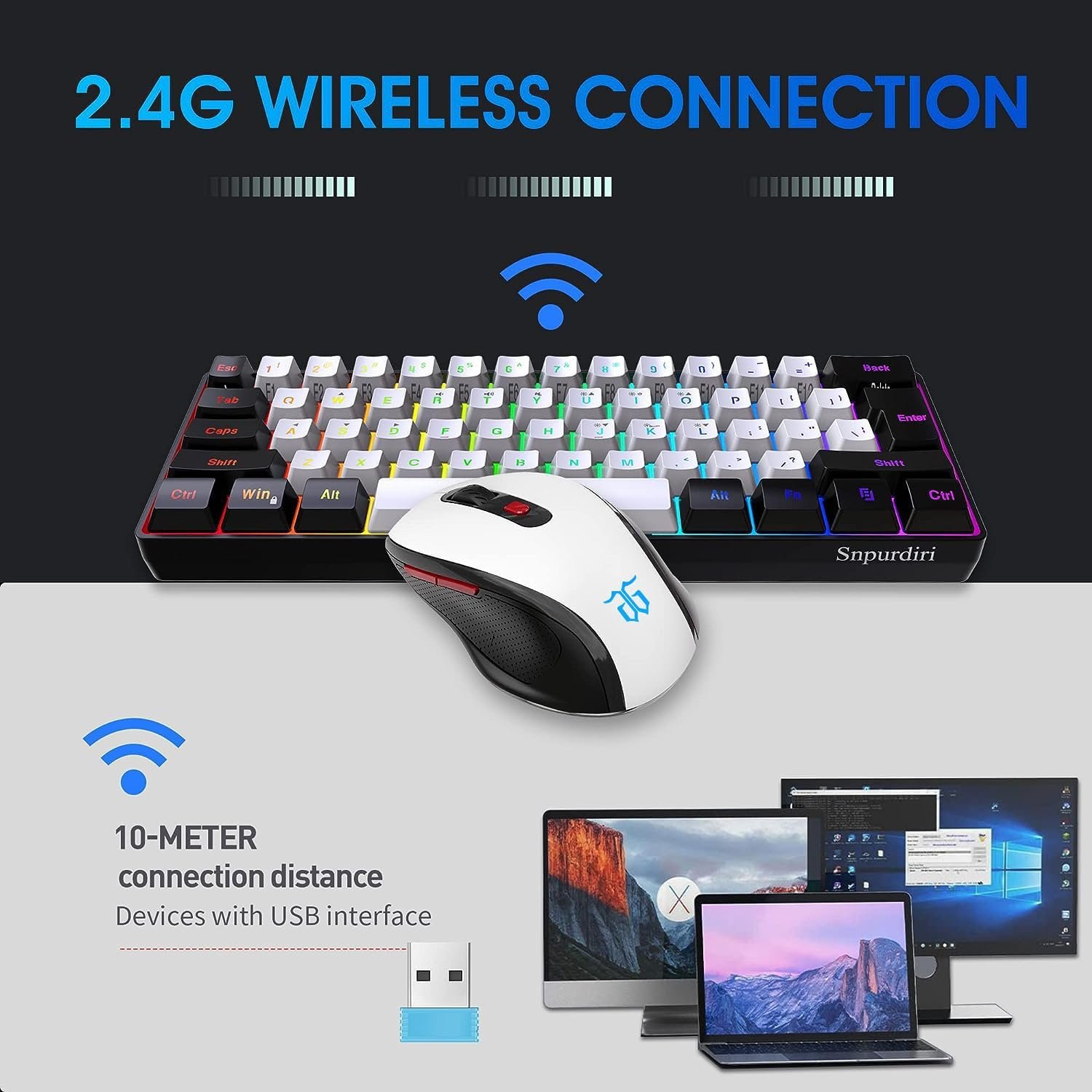Snpurdiri 2.4G Wireless Gaming Keyboard and Mouse Combo, Include Mini 60% Merchanical Feel RGB Backlit Keyboard, Ergonomic Vertical Feel Small Wireless Mouse(Black and White) - Image 3