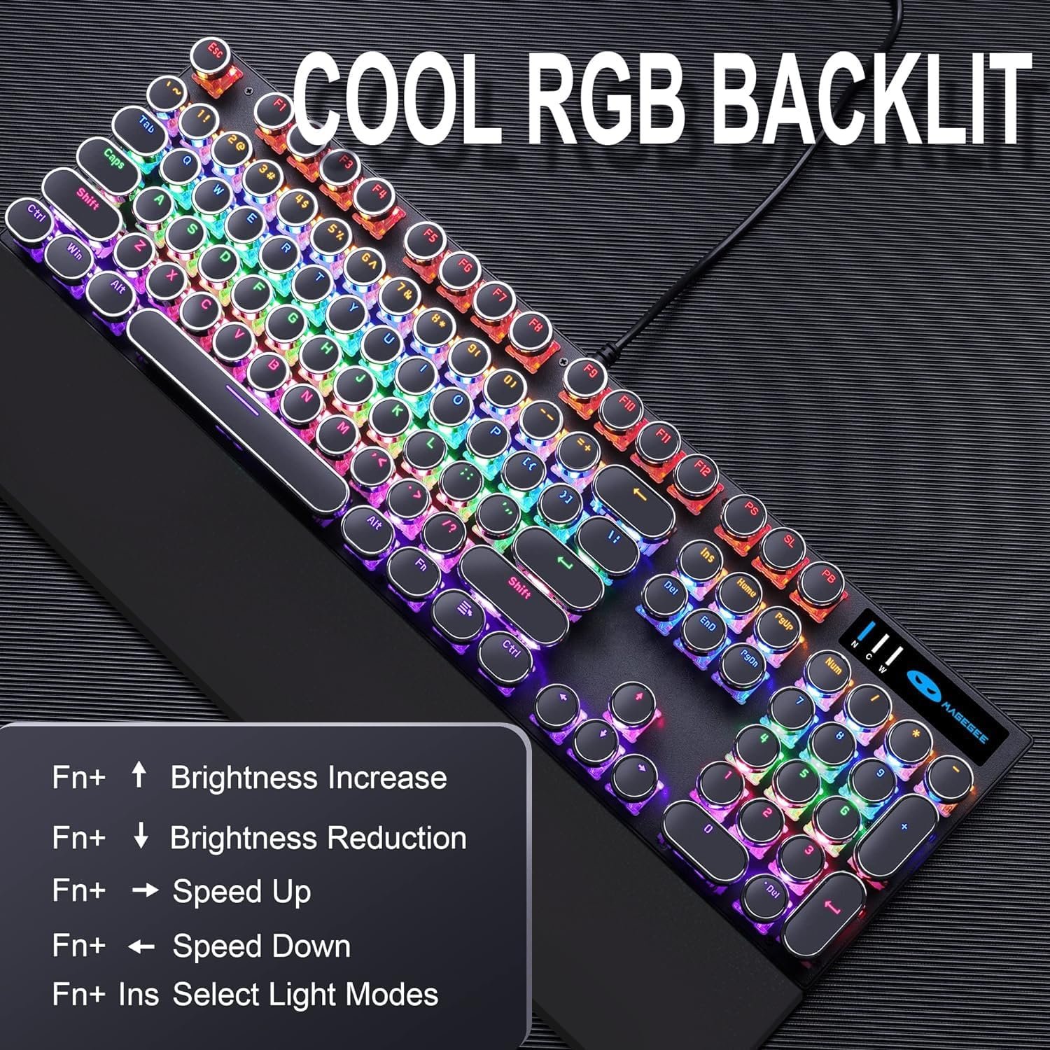 Camiysn Typewriter Style Mechanical Gaming Keyboard, Black Retro Punk Gaming Keyboard with RGB Backlit, 104 Keys Blue Switch Wired Cute Keyboard, Round Keycaps for Windows/Mac/PC - Image 4