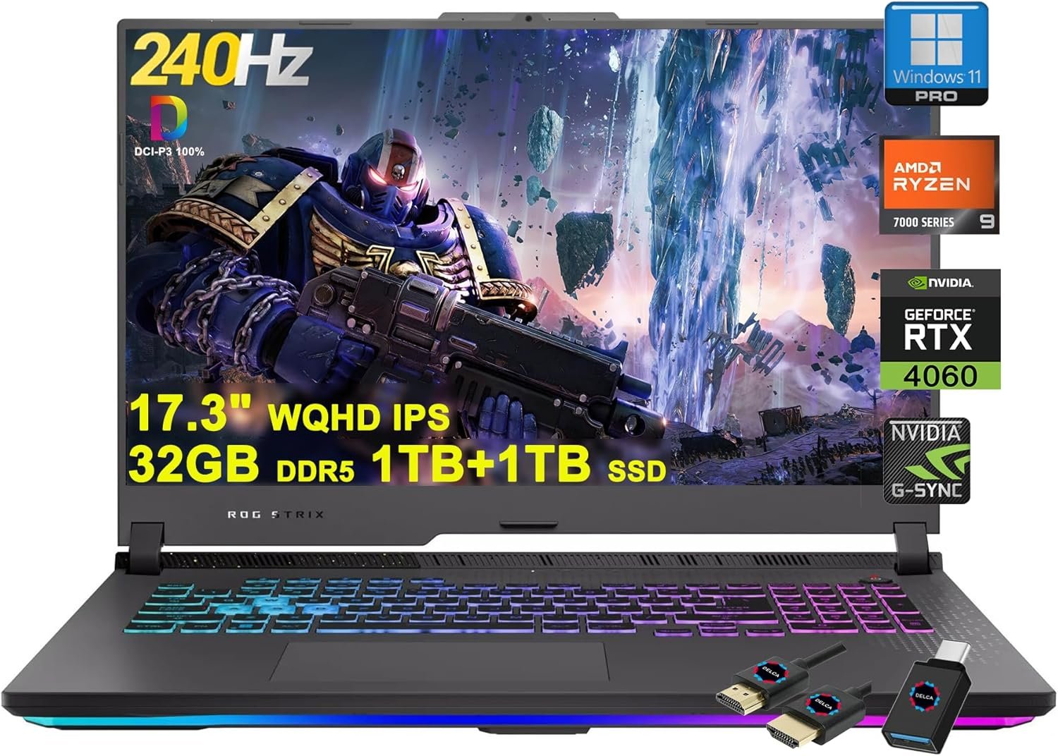 ASUS ROG Strix G17 G713 Gaming Laptop | 17.3" WQHD IPS 240Hz G-Sync | AMD 12-Core Ryzen 9 7845HX >i9-12900H | 32GB DDR5 1TB+1TB SSD | GeForce RTX 4060 8GB | USB-C RGB Backlit Win11Pro w/DLCA Accessory - Image 2