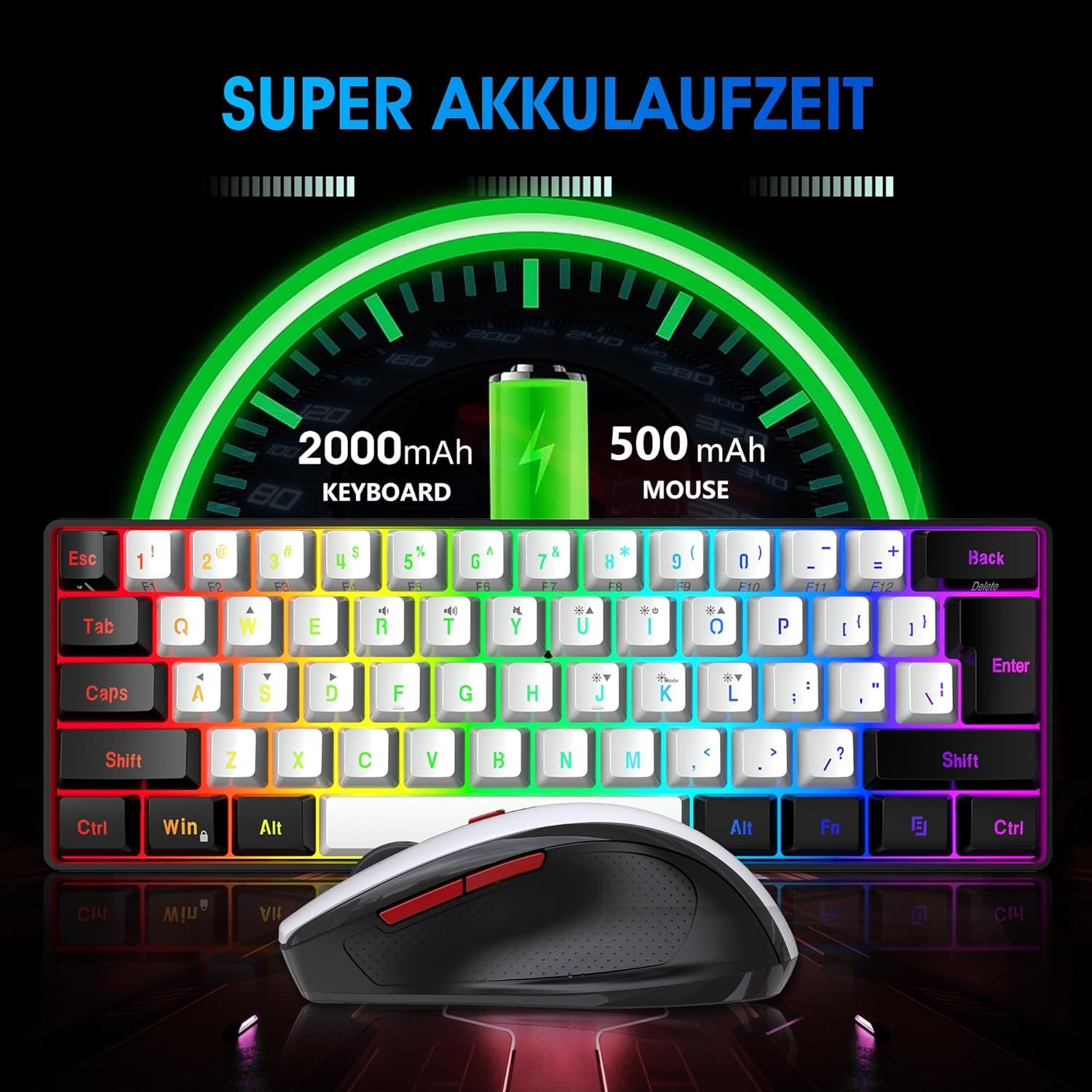 Snpurdiri 2.4G Wireless Gaming Keyboard and Mouse Combo, Include Mini 60% Merchanical Feel RGB Backlit Keyboard, Ergonomic Vertical Feel Small Wireless Mouse(Black and White) - Image 4