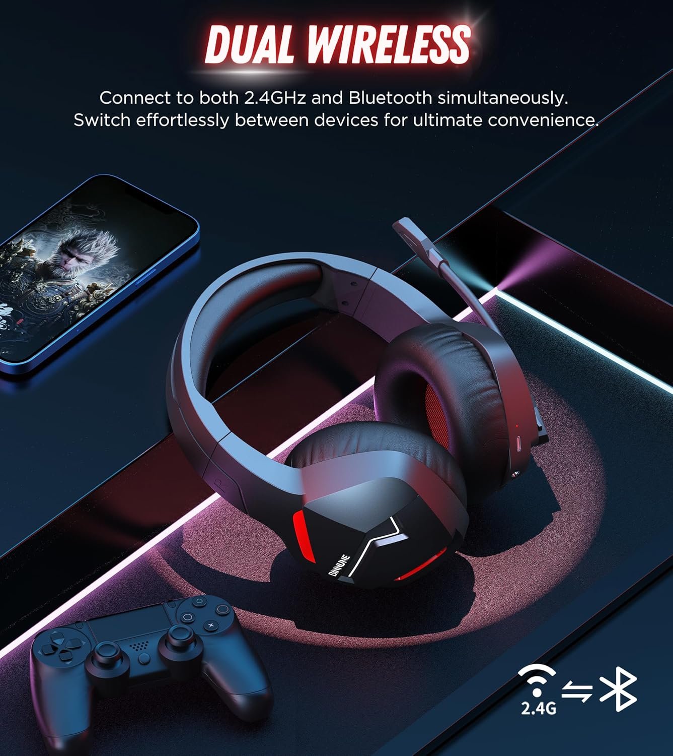 BINNUNE Wireless Gaming Headset with Microphone for PC PS4 PS5, 2.4G Wireless Bluetooth USB Gamer Headphones with Mic for Laptop Computer - Image 3