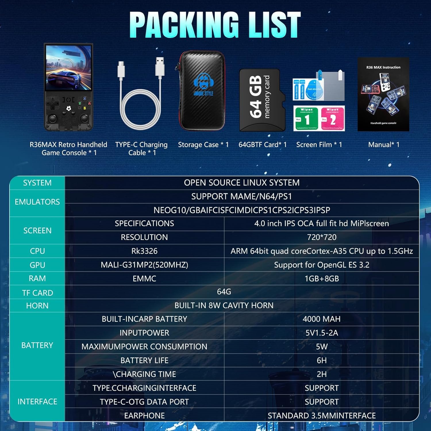 R36MAX Handheld Game Console,4.0 Inch IPS Screen Linux System with 64GB TF Card,Retro Gaming Console Built in 18000+ Games,Portable Handheld Video Games for Adults,4000mAh Battery (Black) - Image 9