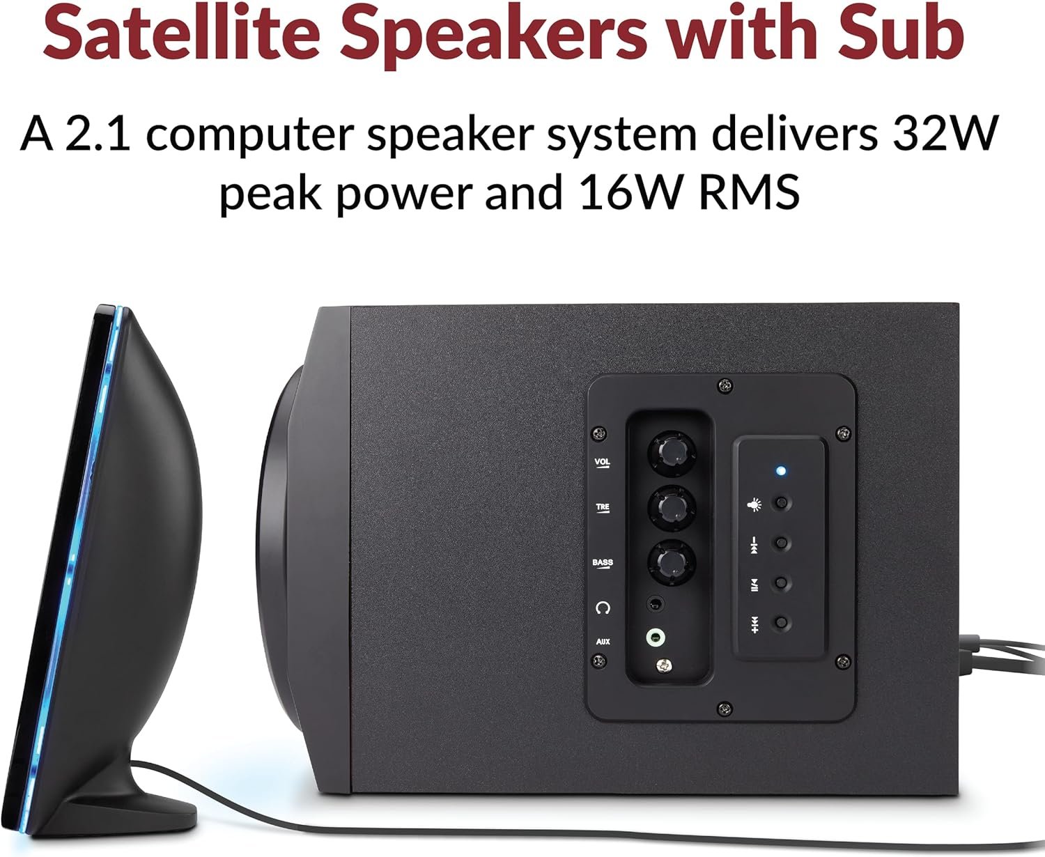 Cyber Acoustics CA-SP34BT Bluetooth Speakers with LED Lights – The Perfect Gaming, Movie, Party, Multimedia 2.1 Subwoofer Speaker System, Black - Image 3